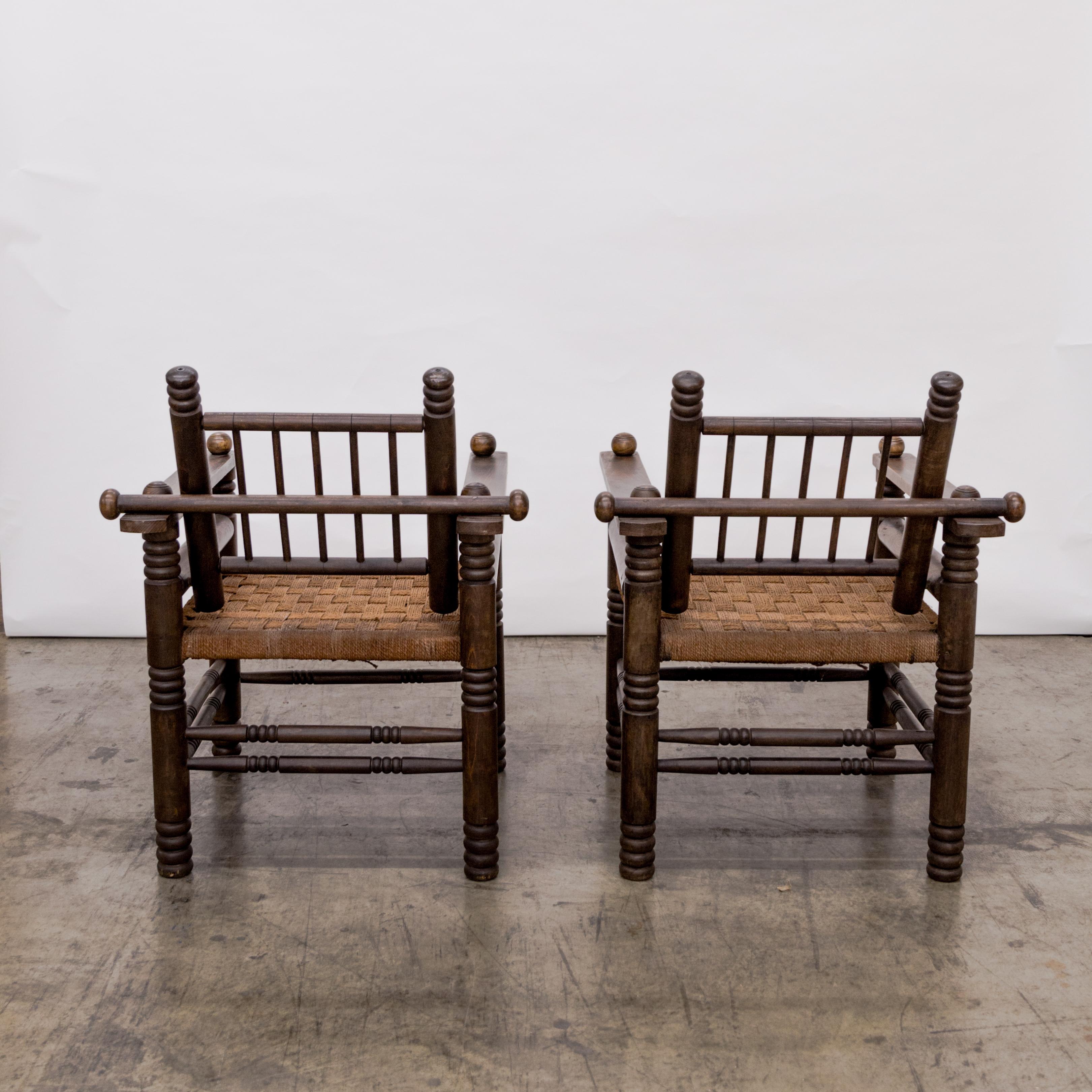 Mid-20th Century Charles Dudouyt  Turned Walnut + Rush Seat Armchairs For Sale