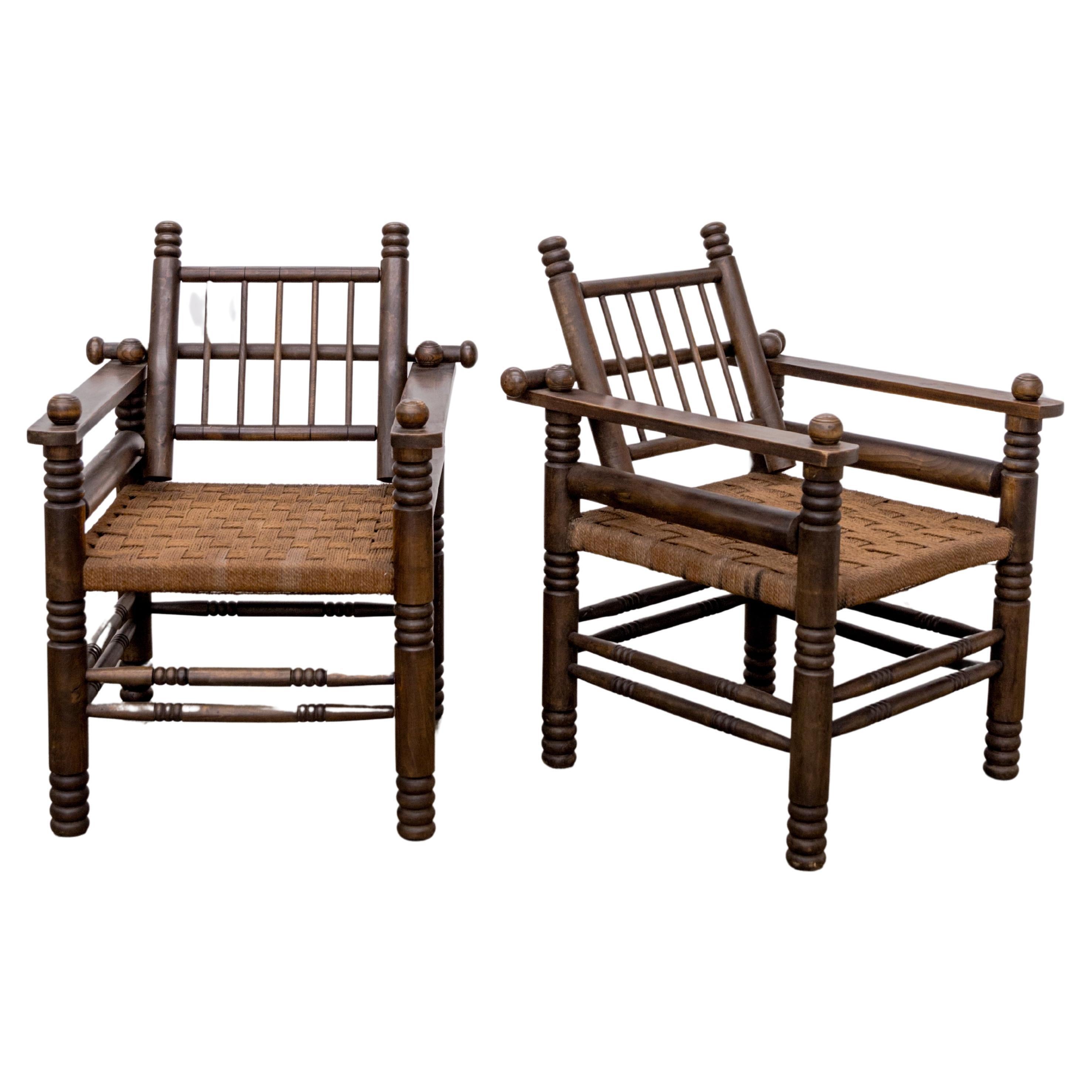 Charles Dudouyt  Turned Walnut + Rush Seat Armchairs For Sale