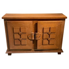 Charles Dudouyt Two Door Oak Credenza With Decorative Front Panel, France, 1940s