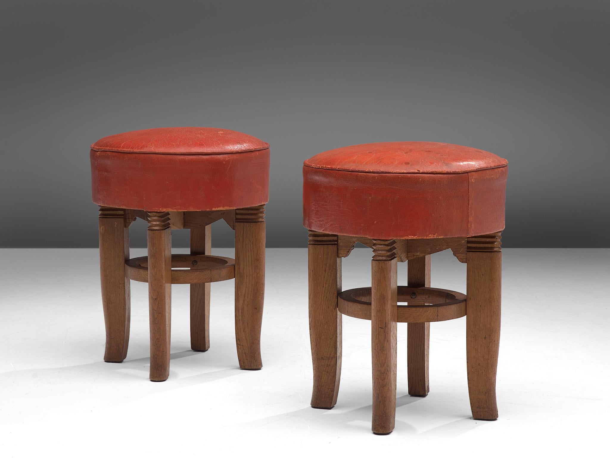 Art Deco Charles Dudouyt Two Stools in Red Leather