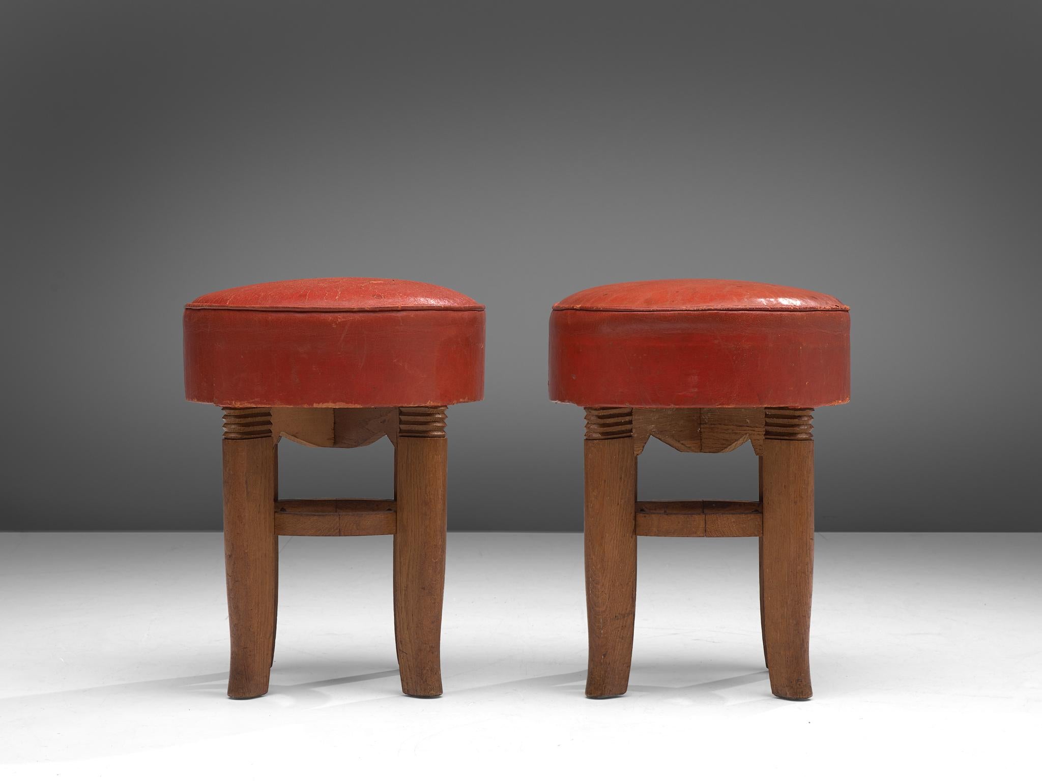 French Charles Dudouyt Two Stools in Red Leather