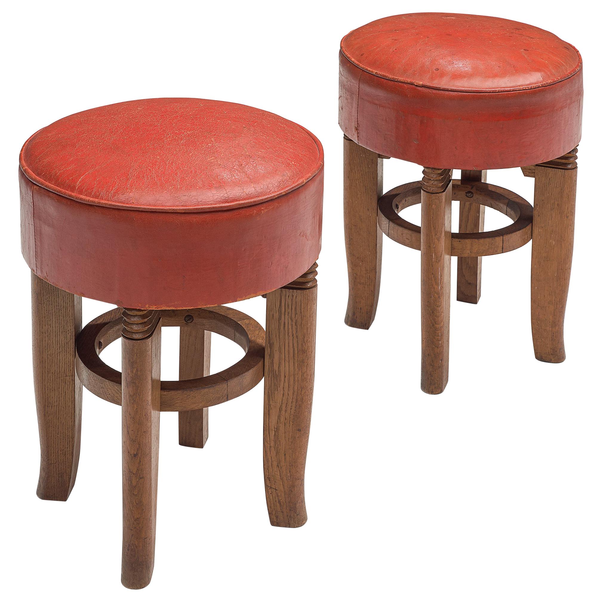 Charles Dudouyt Two Stools in Red Leather