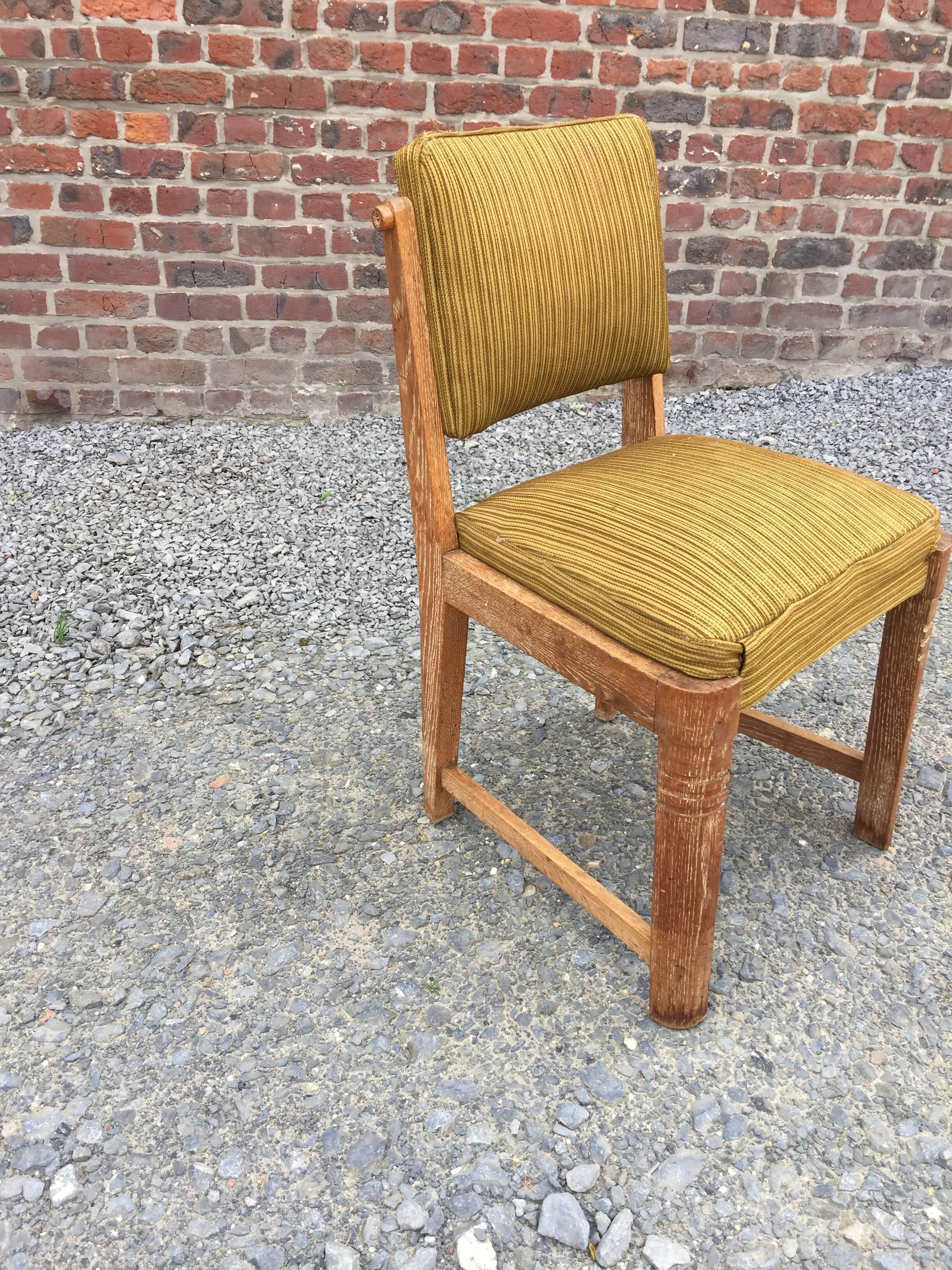 French Charles Dudouyt, Set of Six Oak and Velvet Chairs, circa 1940