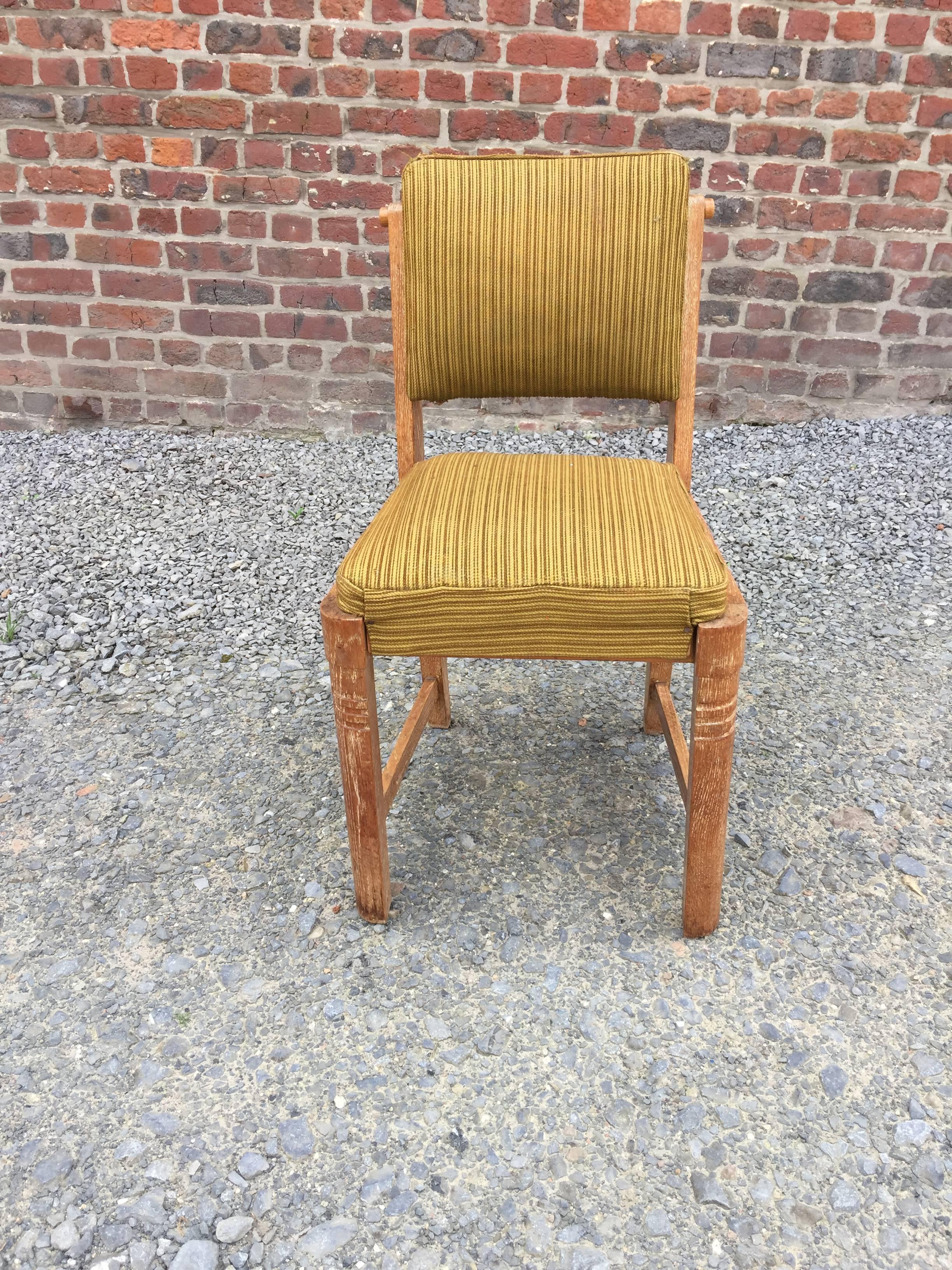 Charles Dudouyt, Set of Six Oak and Velvet Chairs, circa 1940 In Fair Condition In Saint-Ouen, FR