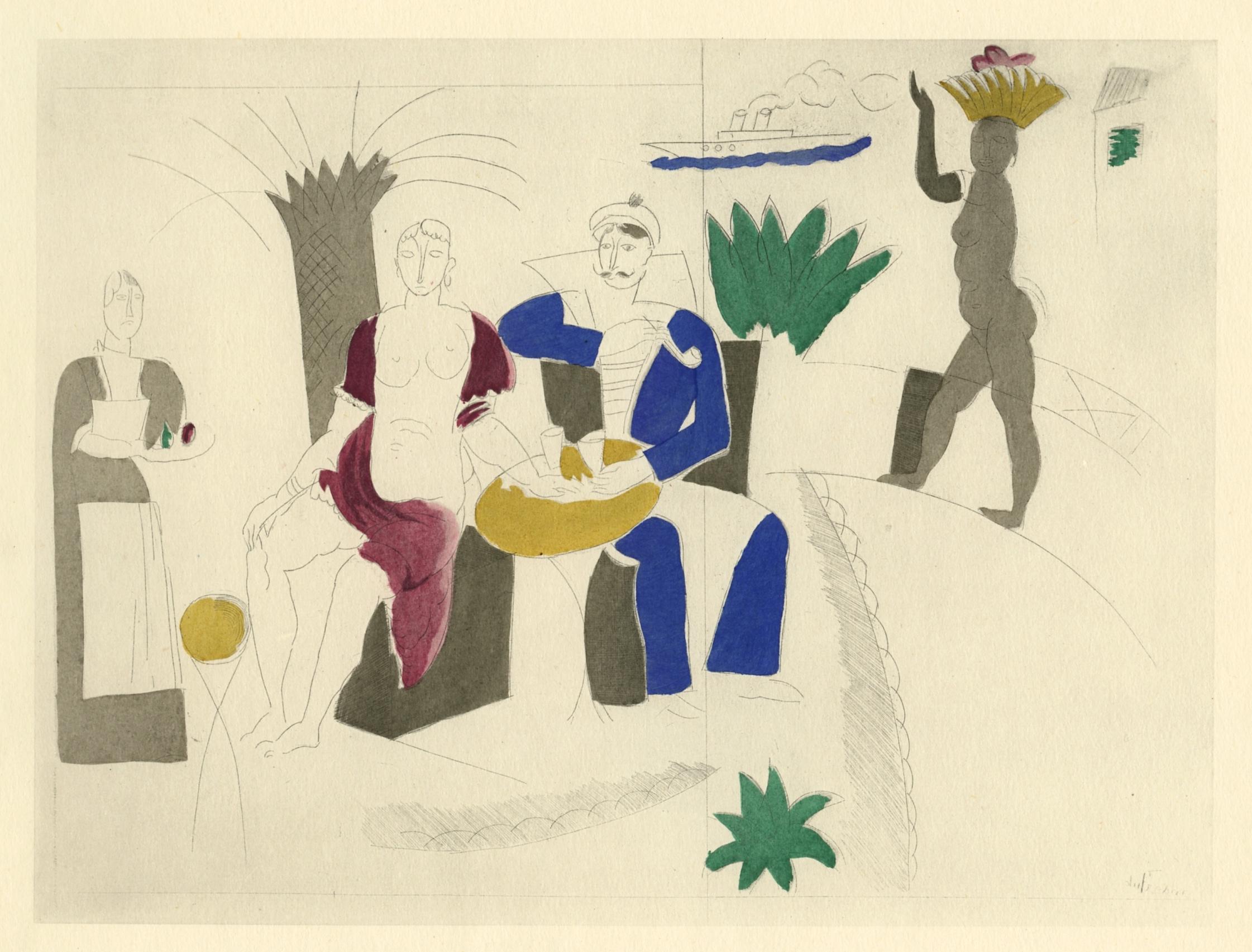 Support : pochoir (après l'aquarelle). Imprimé en 1924 et publié à Paris par Albert Morance pour "L'Art d'Aujourd'hui", et aujourd'hui très rare. L'inscription de provenance de l'éditeur est imprimée sous l'image. Taille de l'image : 6 5/8 x 8 3/4