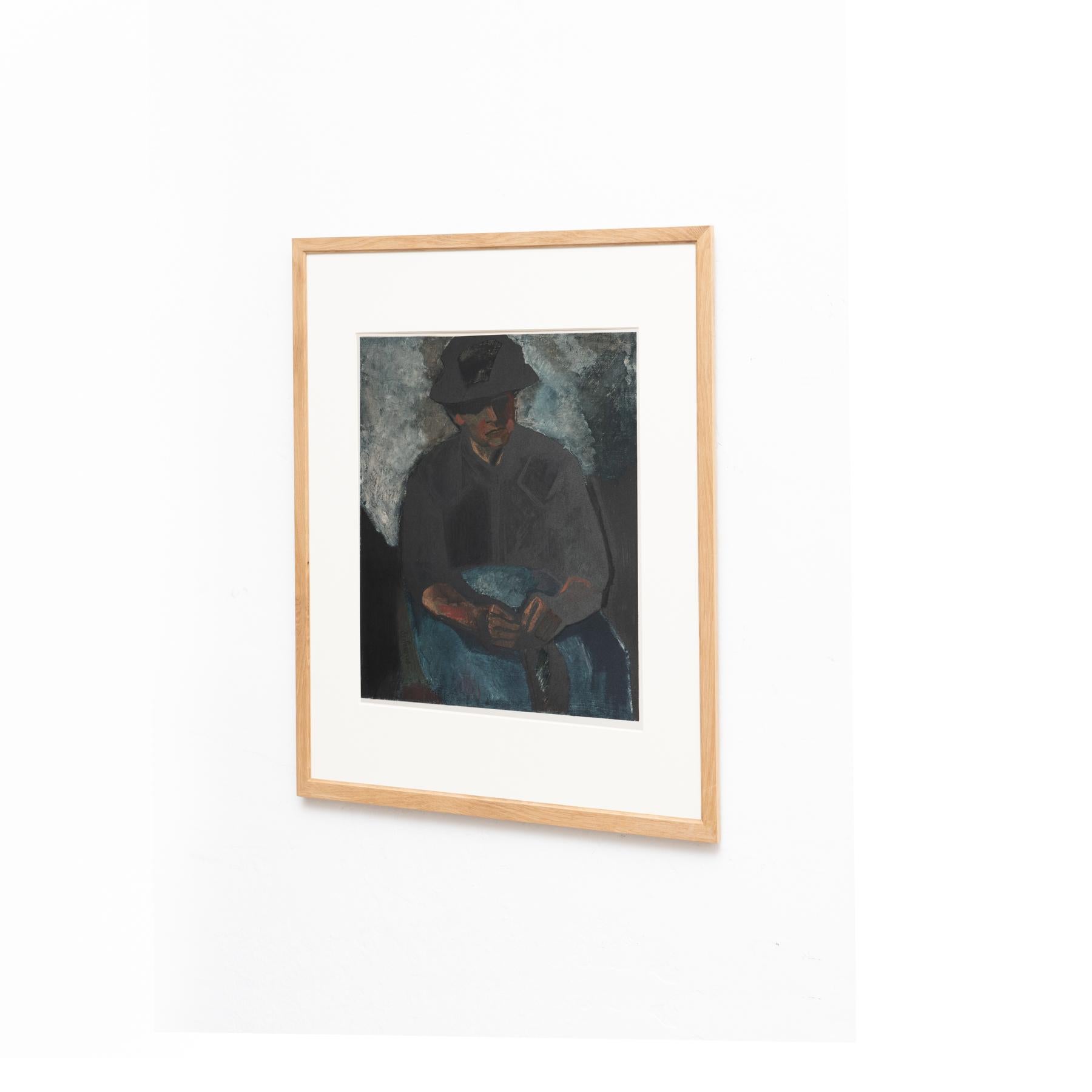 Modern Charles Dufresne Framed 'Femme Au Tablier Bleu' Color Lithography, circa 1971 For Sale