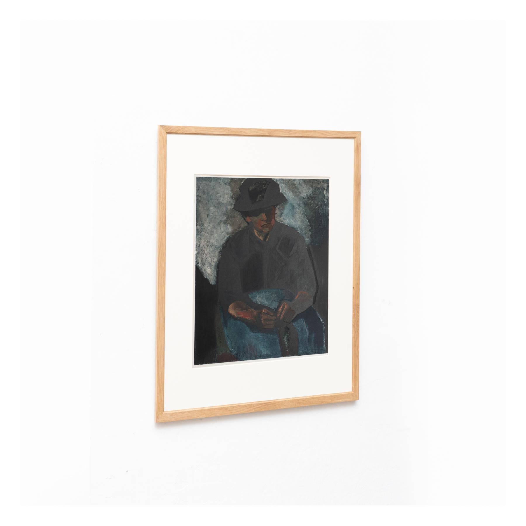 French Charles Dufresne Framed 'Femme Au Tablier Bleu' Color Lithography, circa 1971 For Sale