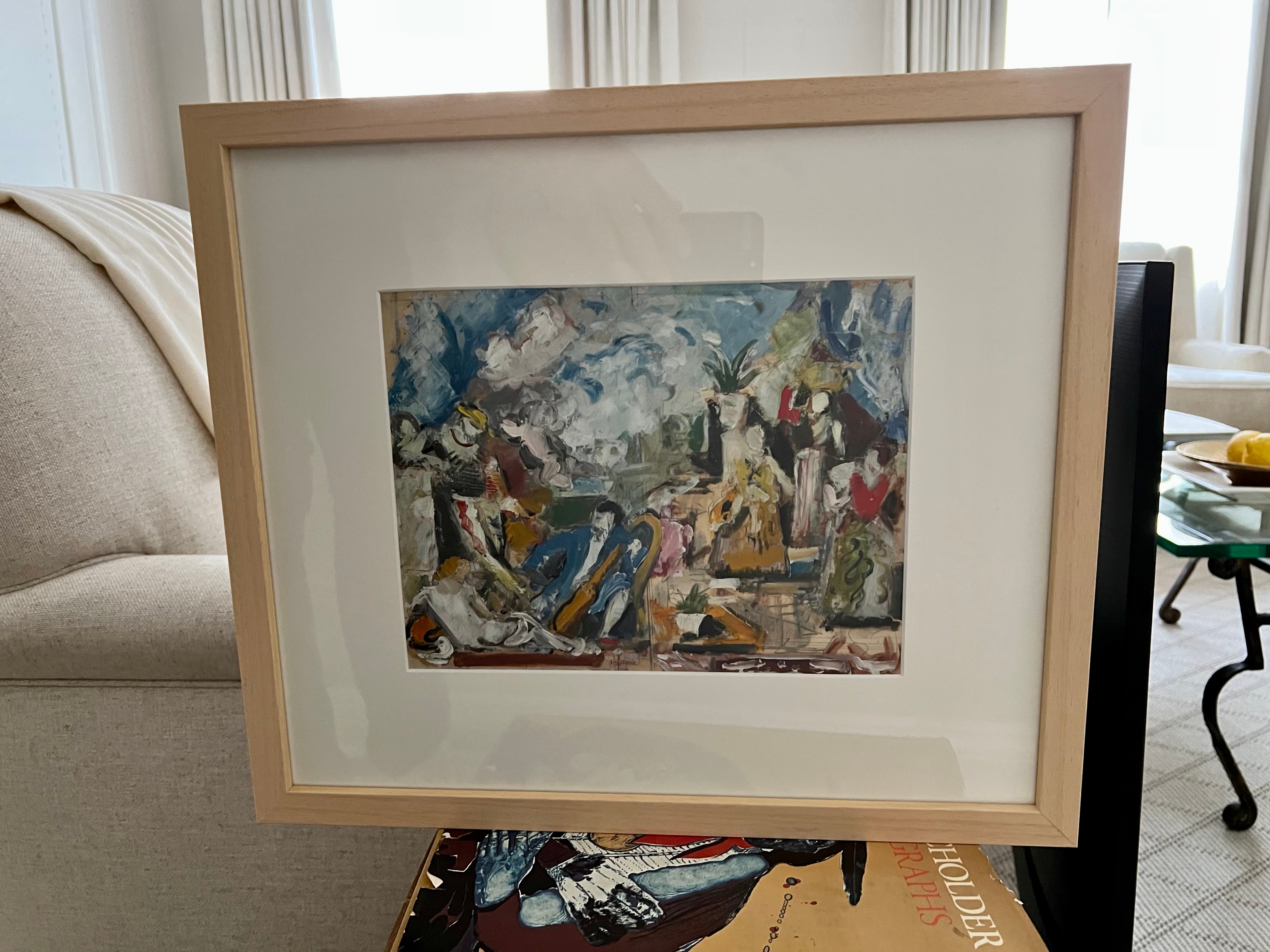 Aquarelle avec superposition de peinture de l'artiste français Charles-George Dufresne. Scène représentant une salle de cour royale avec plusieurs personnages. 

La pièce mesure 8