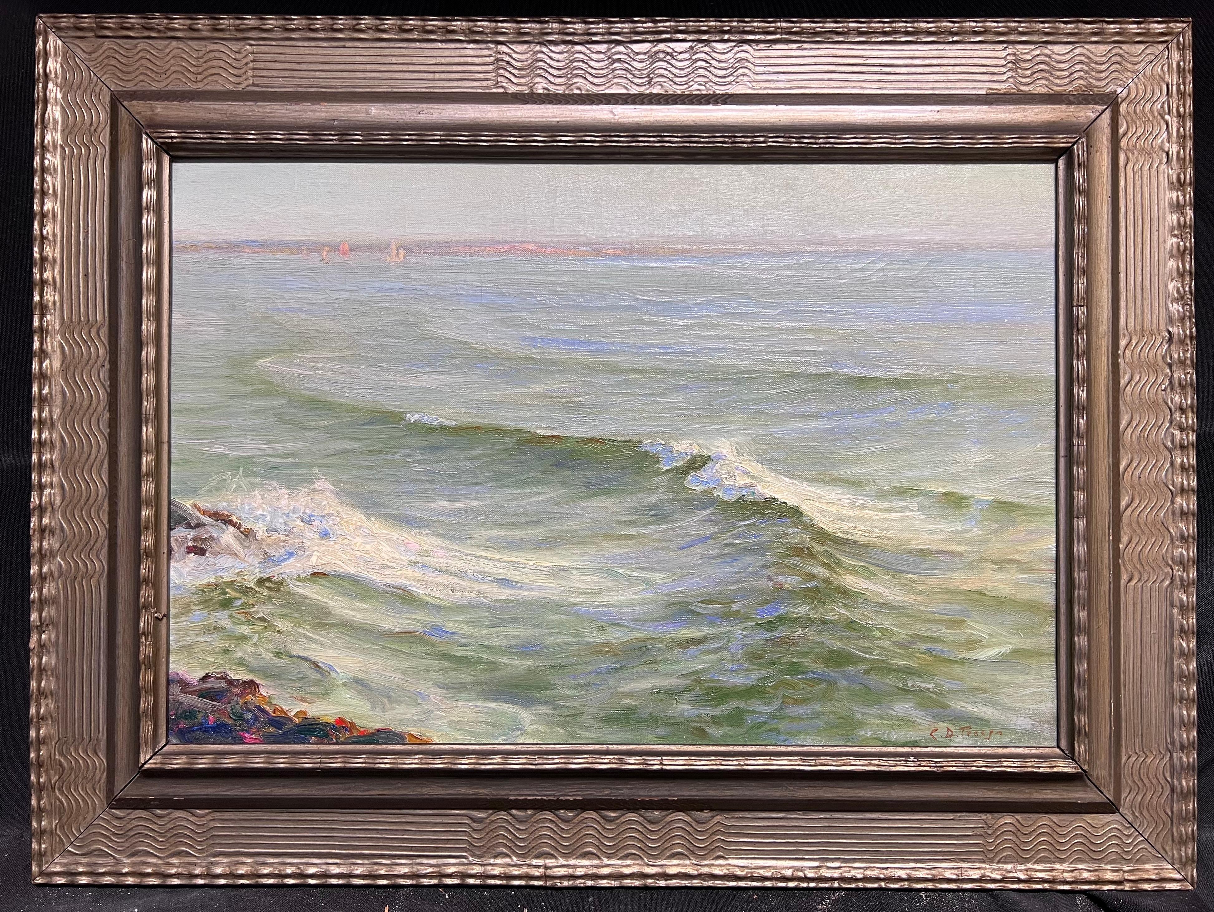Shimmering Sea English 1920's Signed Oil Painting Rolling Waves Barnstable Bay For Sale 6