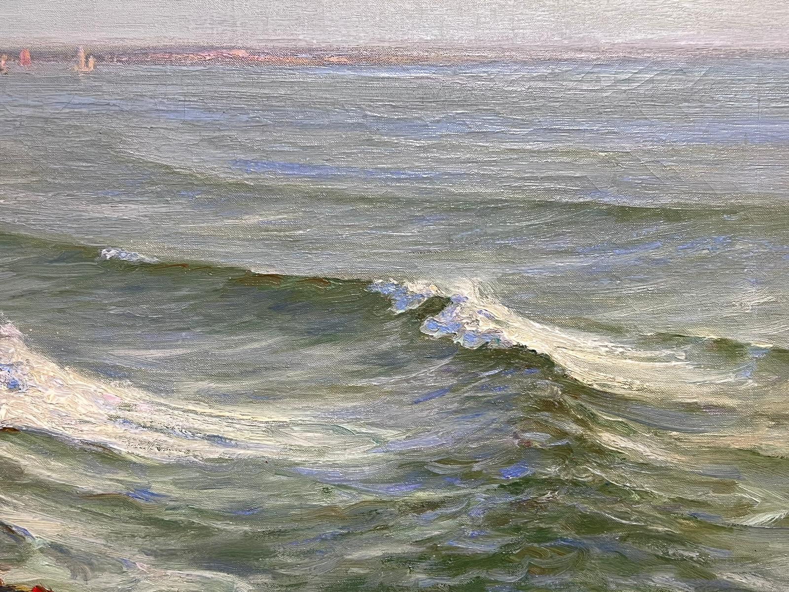 Shimmering Sea English 1920's Signed Oil Painting Rolling Waves Barnstable Bay - Gray Landscape Painting by Charles Dunlop Tracey (British, 1870-1948)