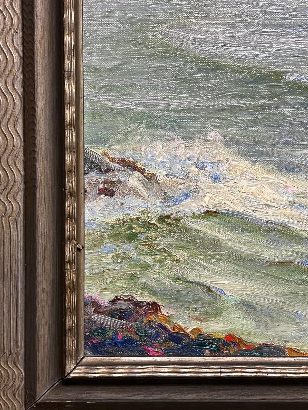 Shimmering Sea English 1920's Signed Oil Painting Rolling Waves Barnstable Bay For Sale 1