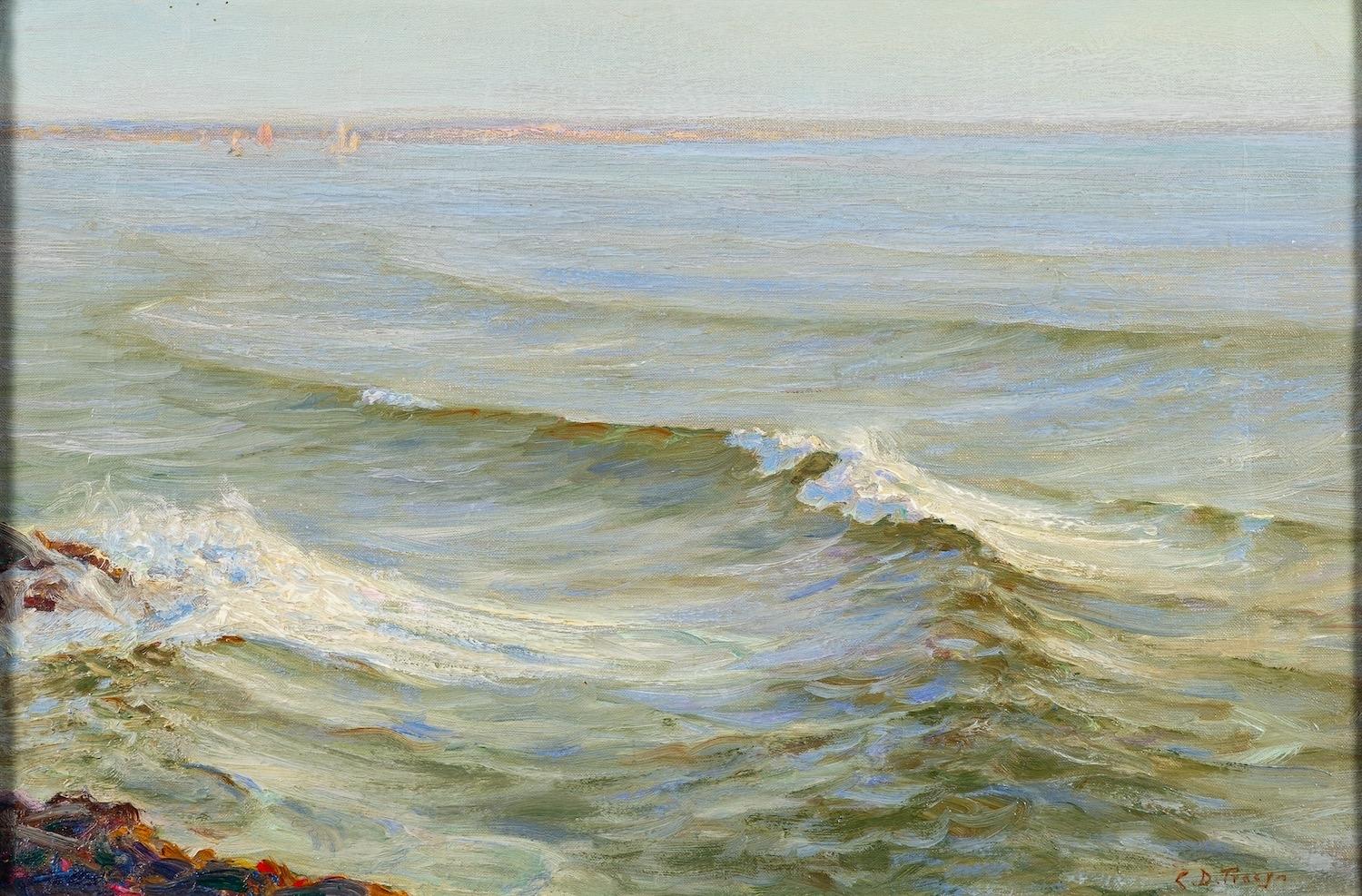 Charles Dunlop Tracey (British, 1870-1948) Landscape Painting - Shimmering Sea English 1920's Signed Oil Painting Rolling Waves Barnstable Bay