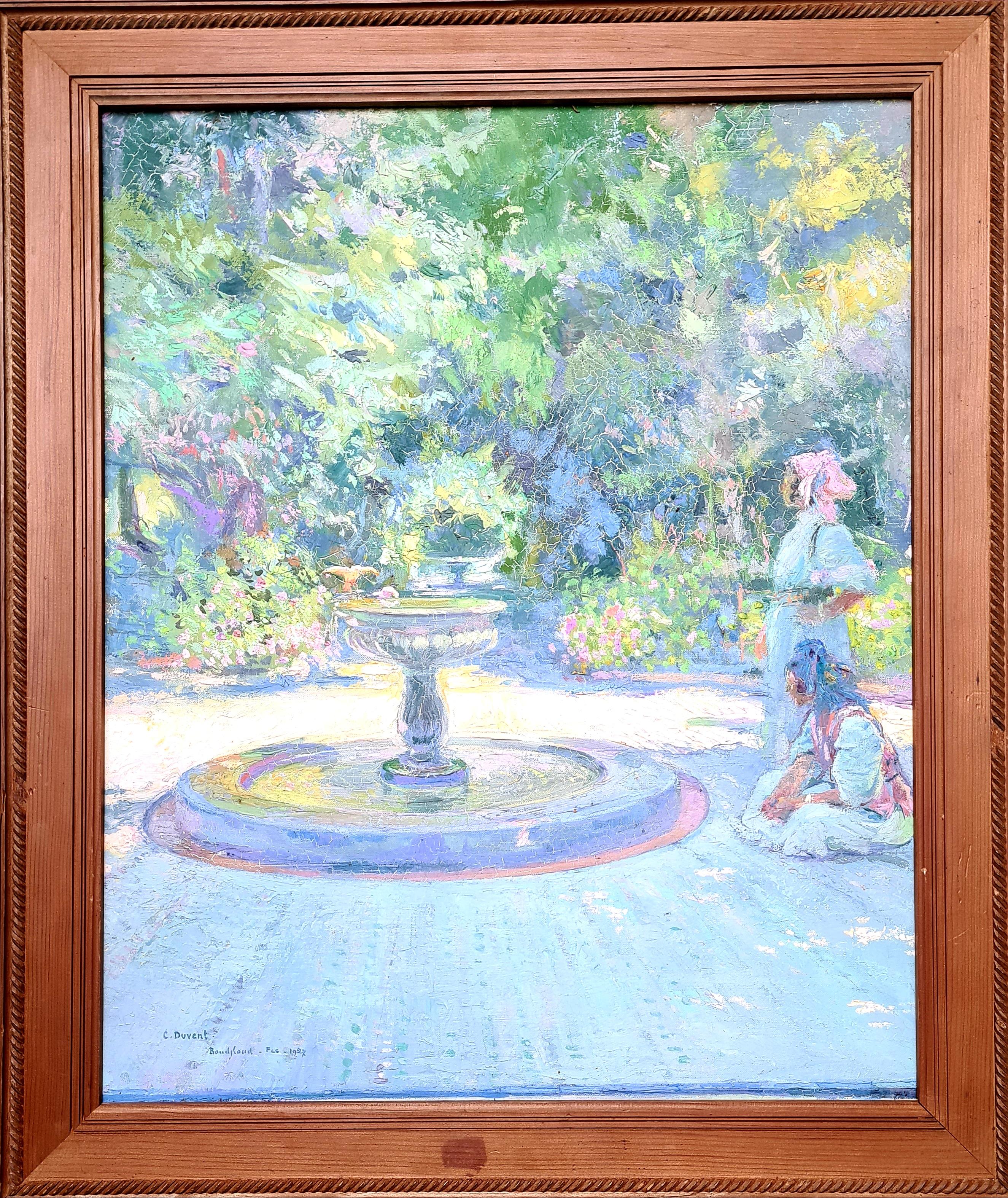 Orientalist Garden, Boujloud, Fès, Ladies at the Fountain. Oil on Canvas. - Impressionist Painting by Charles Duvent