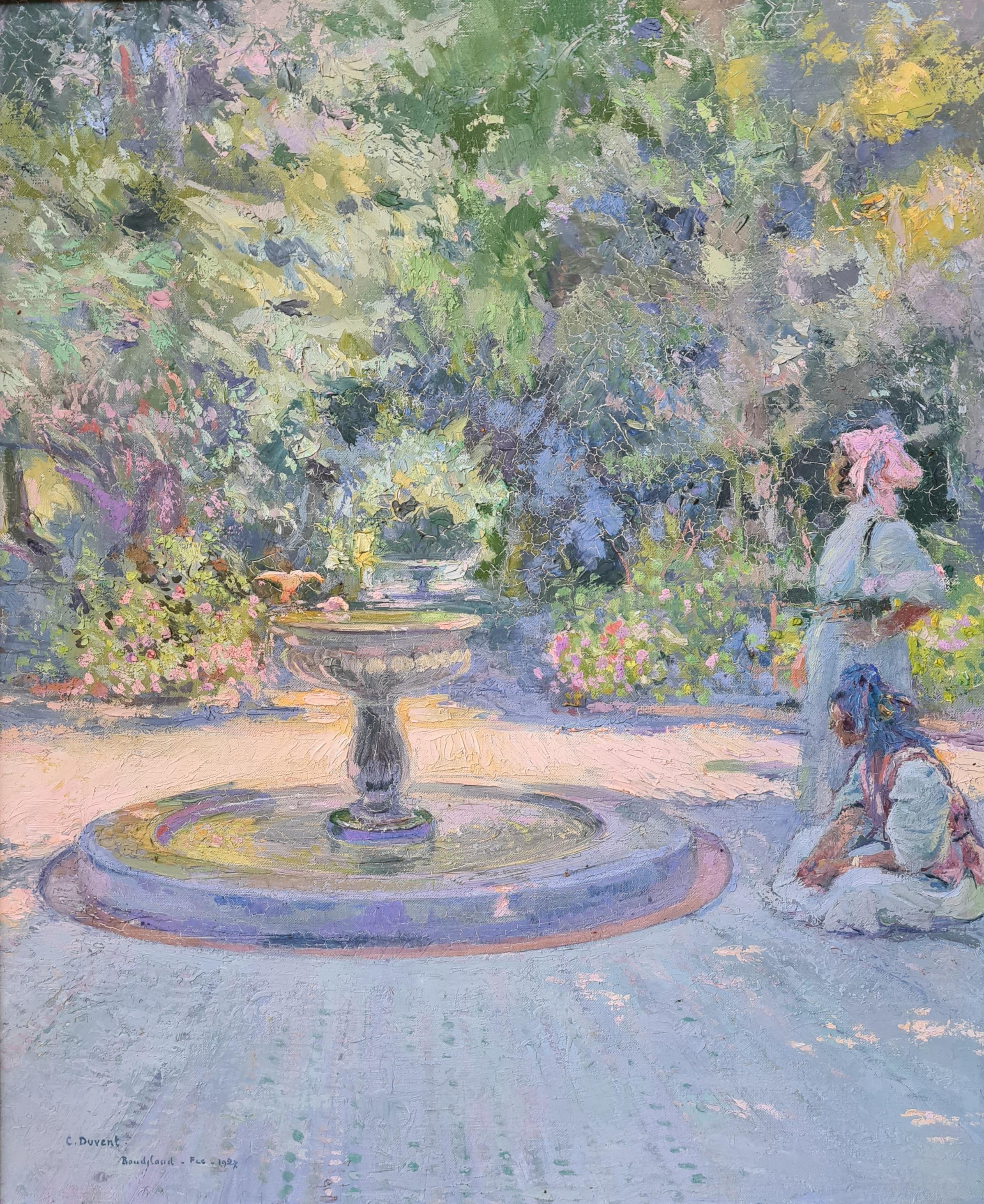 Charles Duvent Figurative Painting - Orientalist Garden, Boujloud, Fès, Ladies at the Fountain. Oil on Canvas.