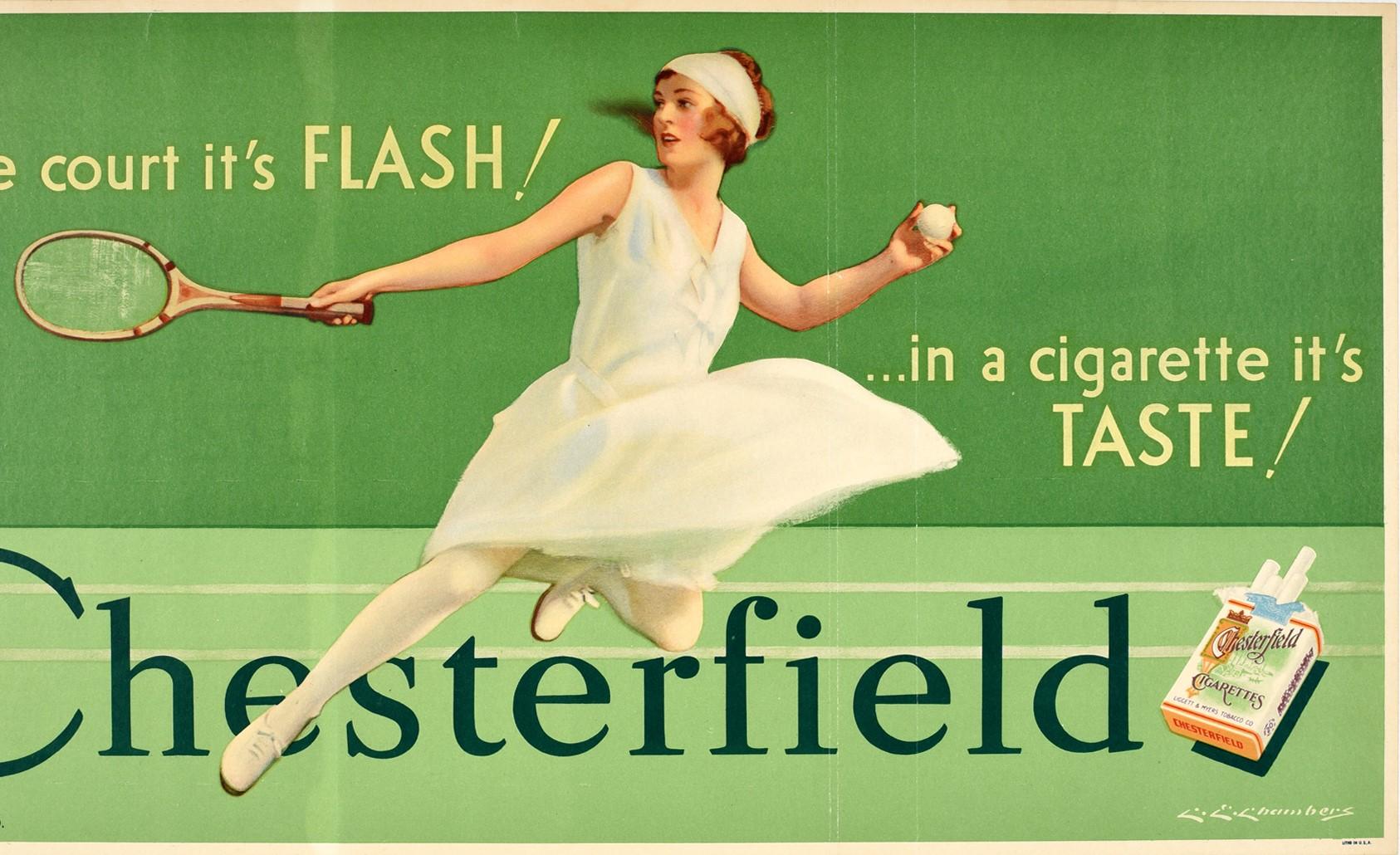 Affiche publicitaire originale vintage pour les cigares Chesterfield - Tennis Flash ! Un goût raffiné ! - Vert Print par Charles E. Chambers