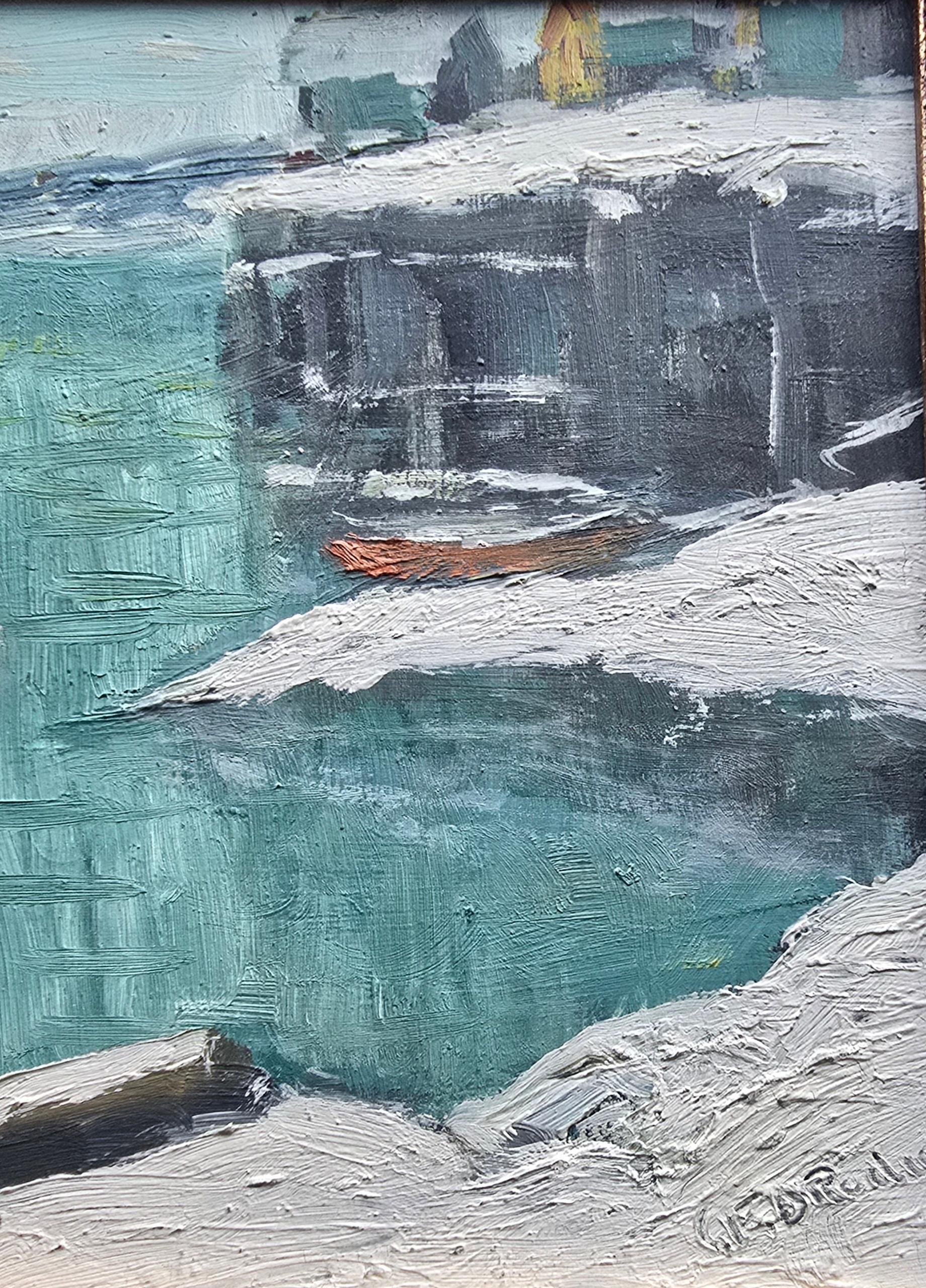 Wunderschönes Öl auf Karton mit einer winterlichen Hafenszene, wahrscheinlich Maine. Amerikanisch/kanadischer Künstler Charles E. Duncan Rodick. 10