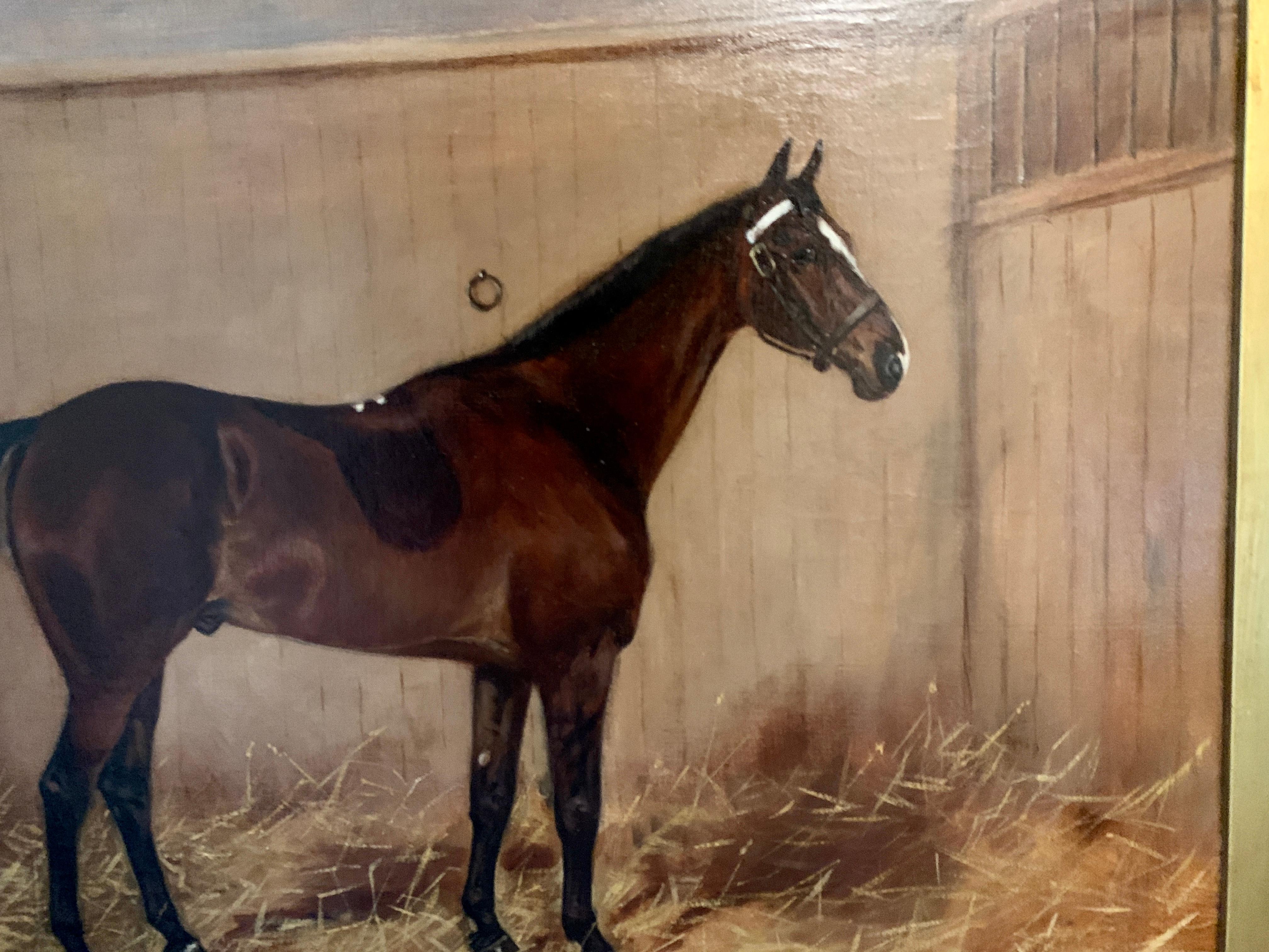 19th century English oil portrait of a Horse, Hunter or Polo pony in a stable - Painting by Charles E Gatehouse