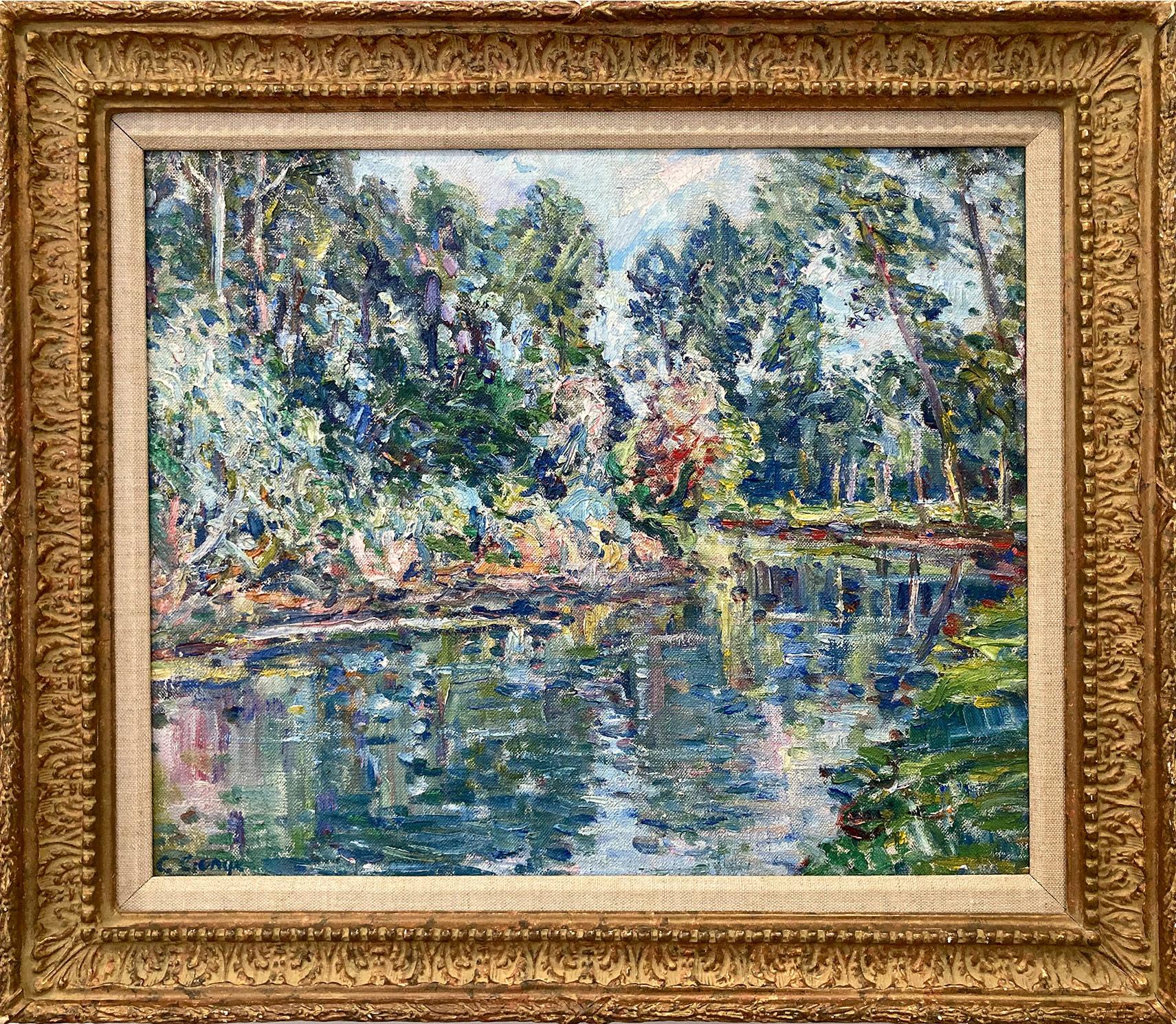 Charles E Genge Landscape Painting - "Bend on the River" Colorful 20th Century Impressionist Oil Painting on Canvas