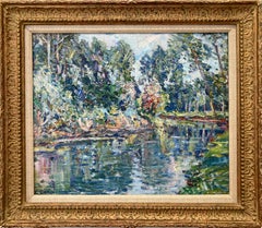"Bend on the River" Peinture à l'huile impressionniste colorée du 20e siècle sur toile
