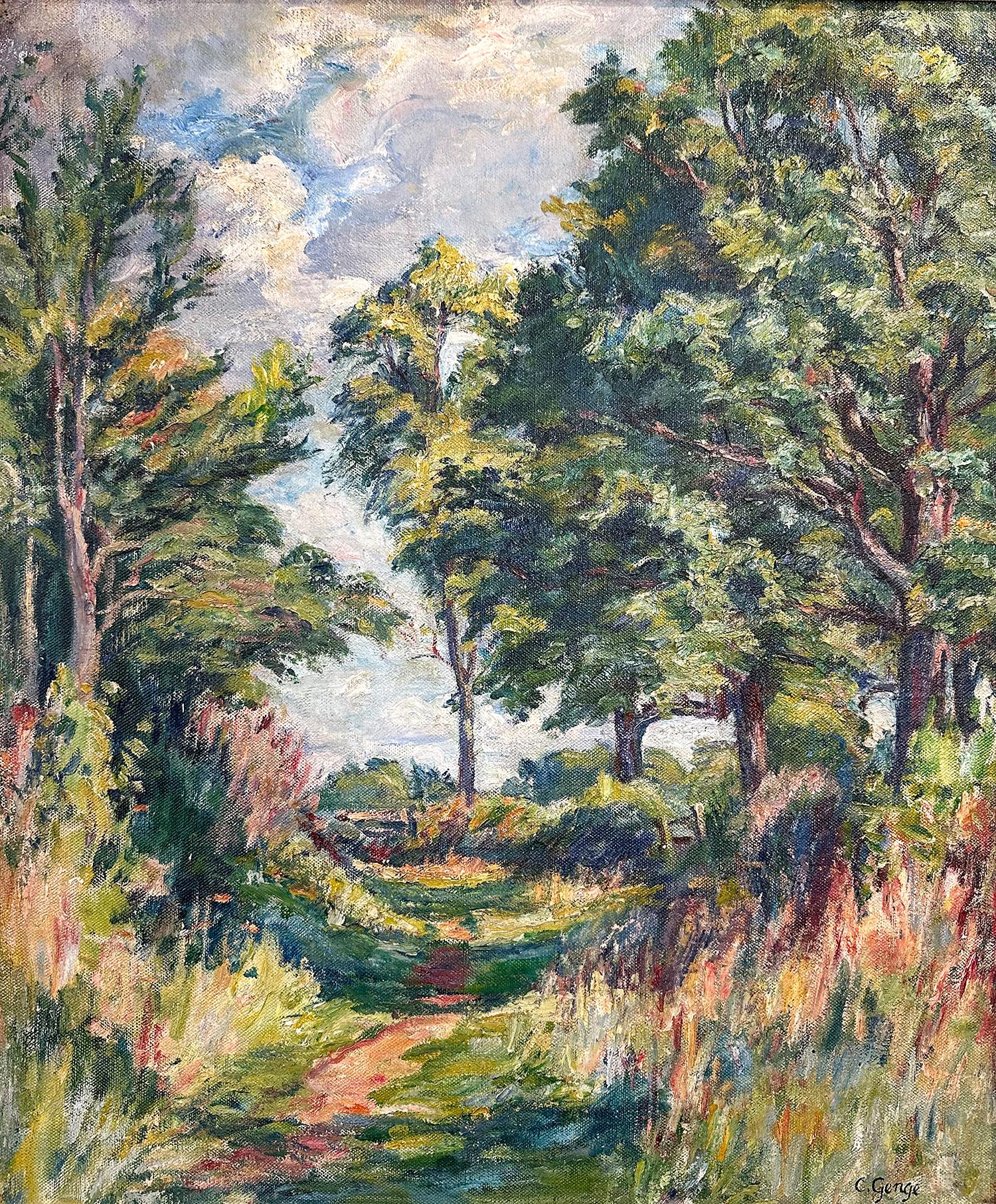 « On the Forest's Edge », peinture à l'huile impressionniste de paysage luxuriant sur toile encadrée - Painting de Charles E Genge
