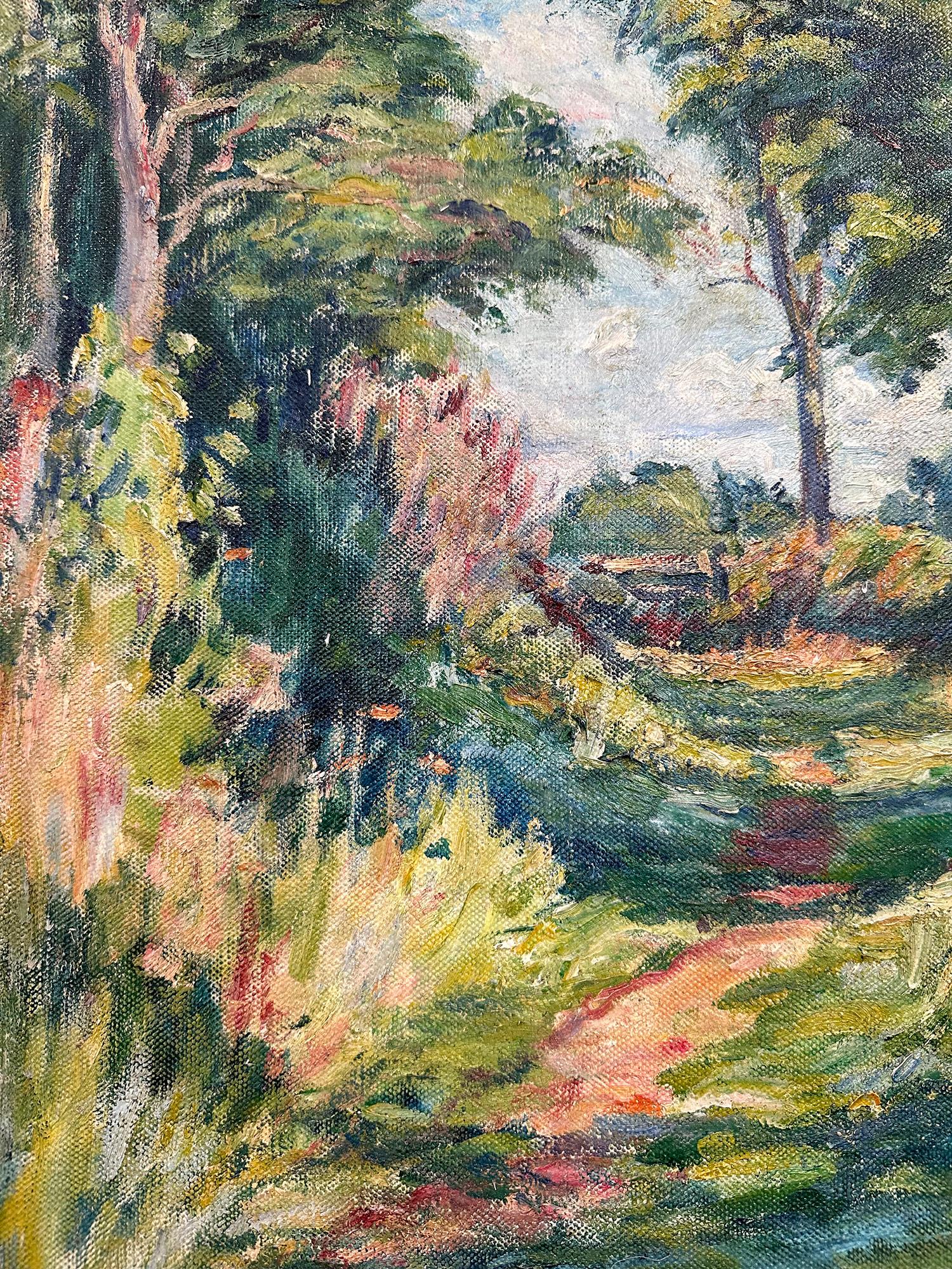 « On the Forest's Edge », peinture à l'huile impressionniste de paysage luxuriant sur toile encadrée en vente 1