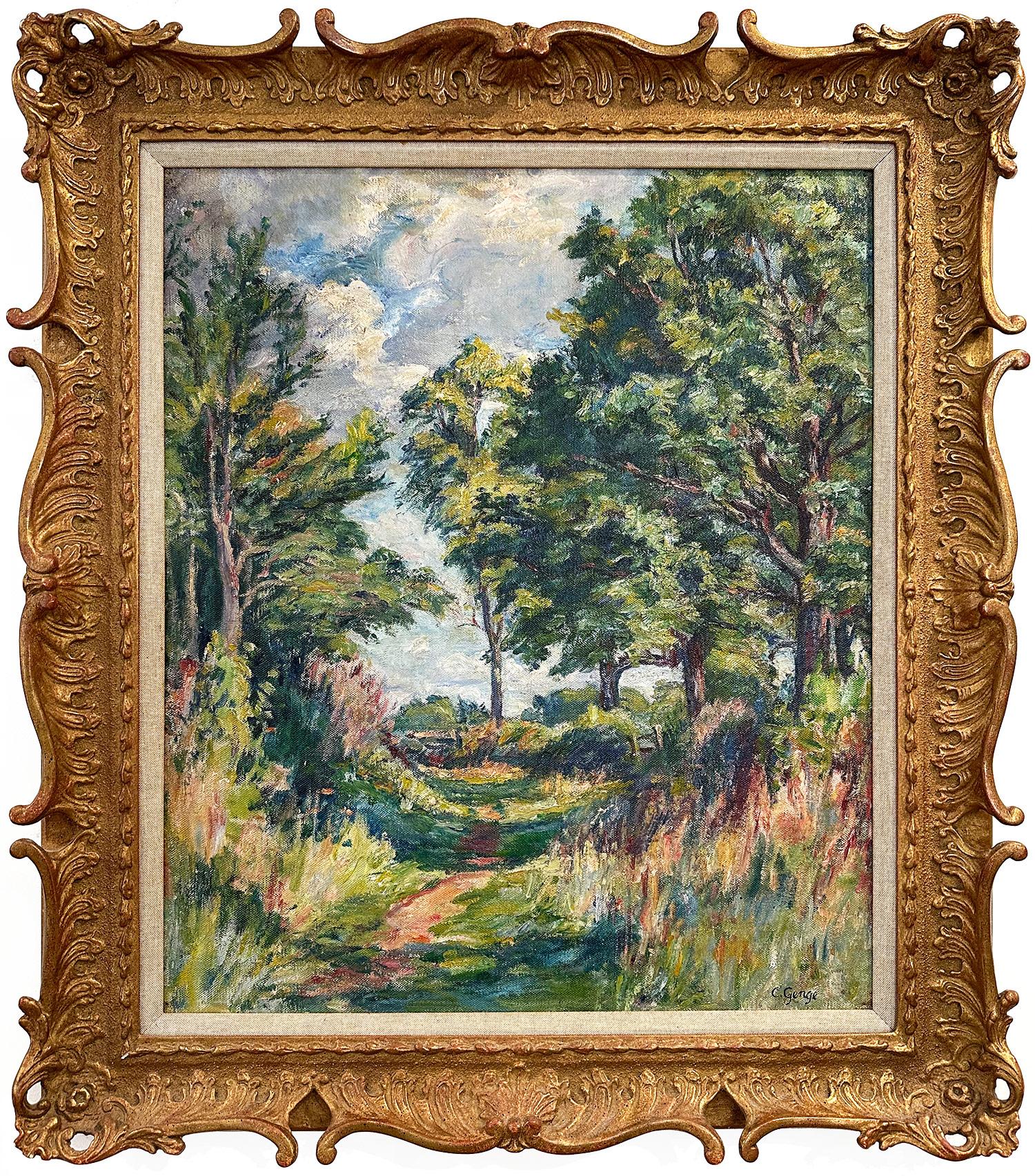 « On the Forest's Edge », peinture à l'huile impressionniste de paysage luxuriant sur toile encadrée