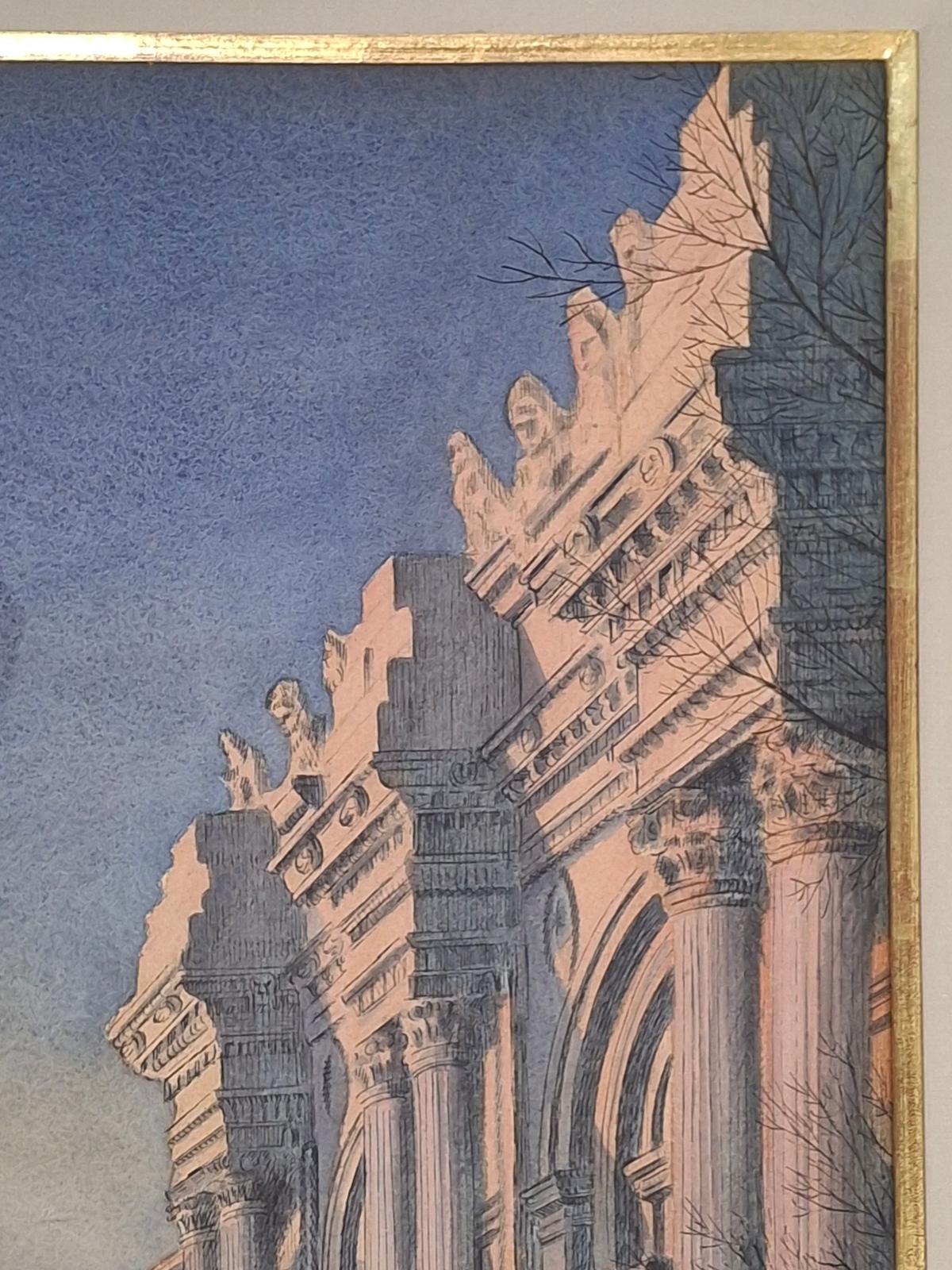 Cette aquarelle originale particulièrement rare de l'artiste américain Charles E. Martin (1910-1995), représentant le Metropolitan Museum of Art en hiver, a fait la couverture du numéro du 1er février 1969 du magazine The New Yorker.
Charles E.