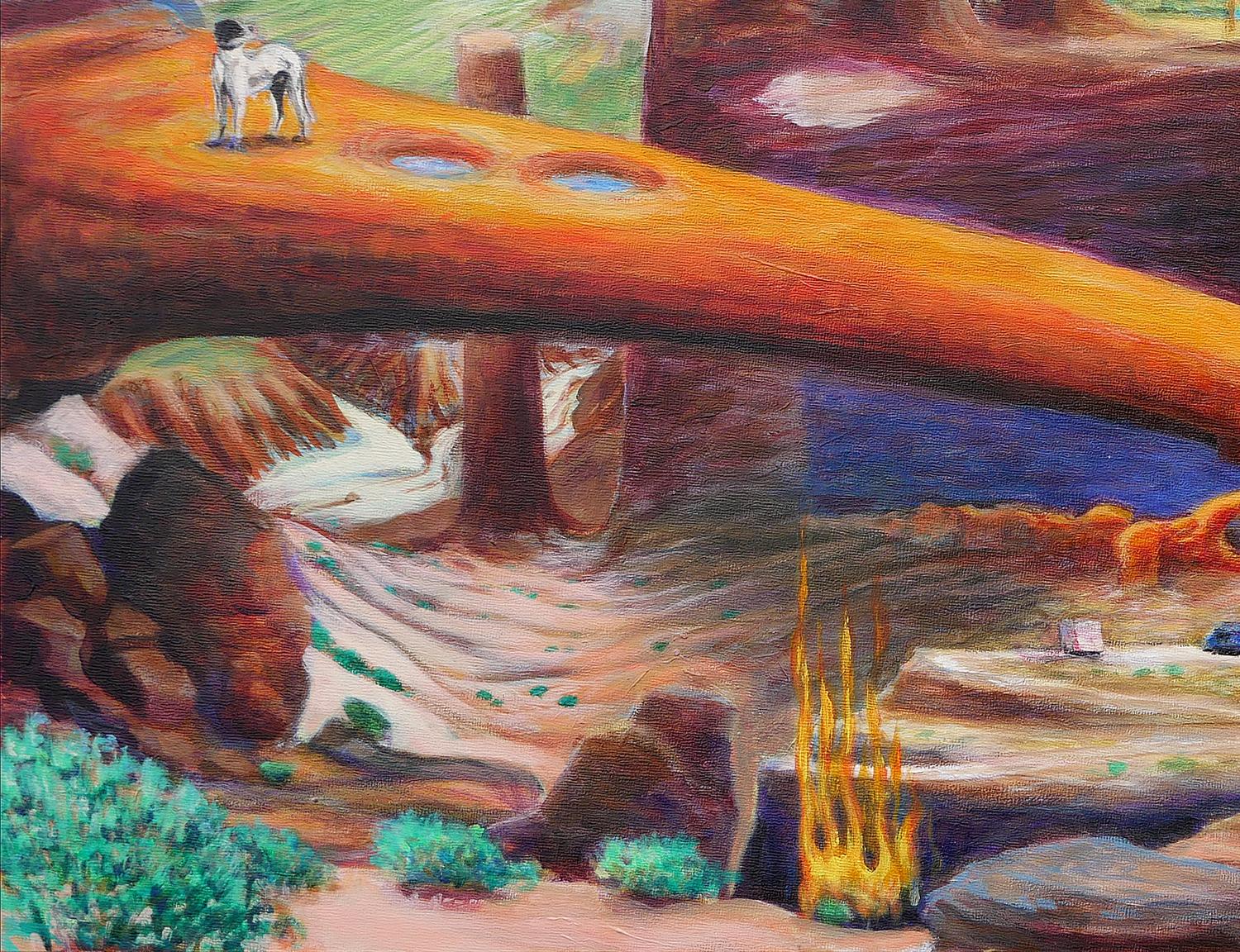 Blue and orange-toned surrealistic landscape by artist Charles E. Watson. The painting depicts a long, orange bridge connecting arid lands with distinct features such as a waterfall, a plateau with trees, and an architectural structure/building. The