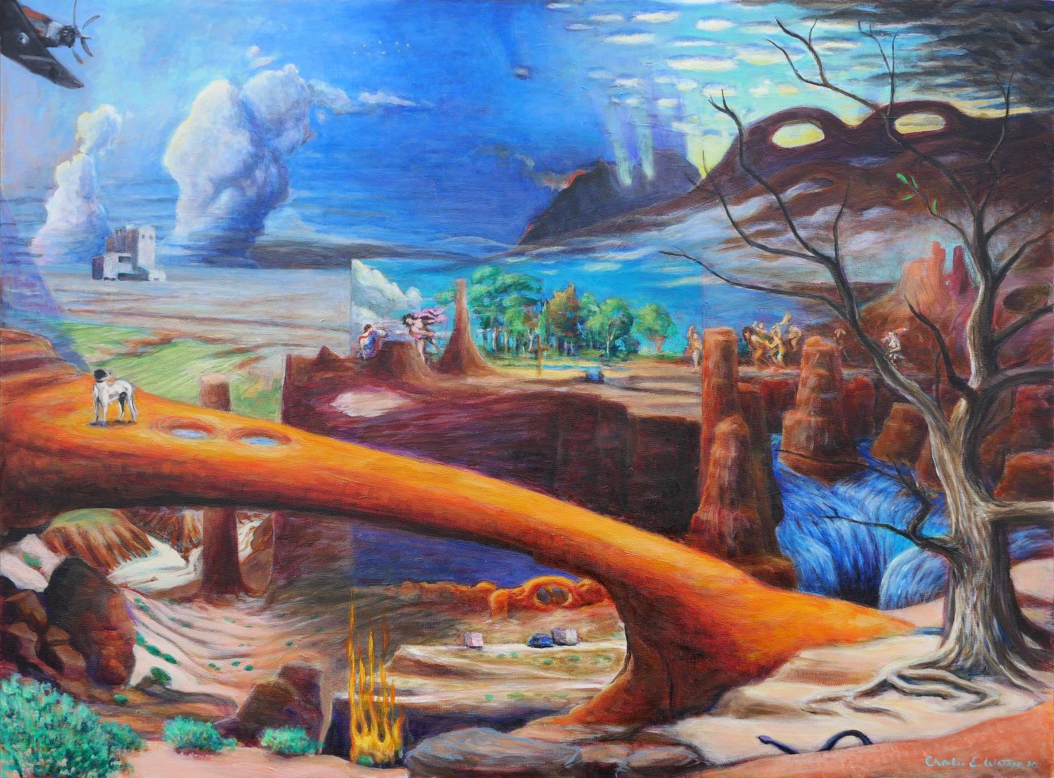 Charles E. Watson Abstract Painting - “Gap” Contemporary Abstract Surrealist Landscape Painting of Bacchus & Ariadne