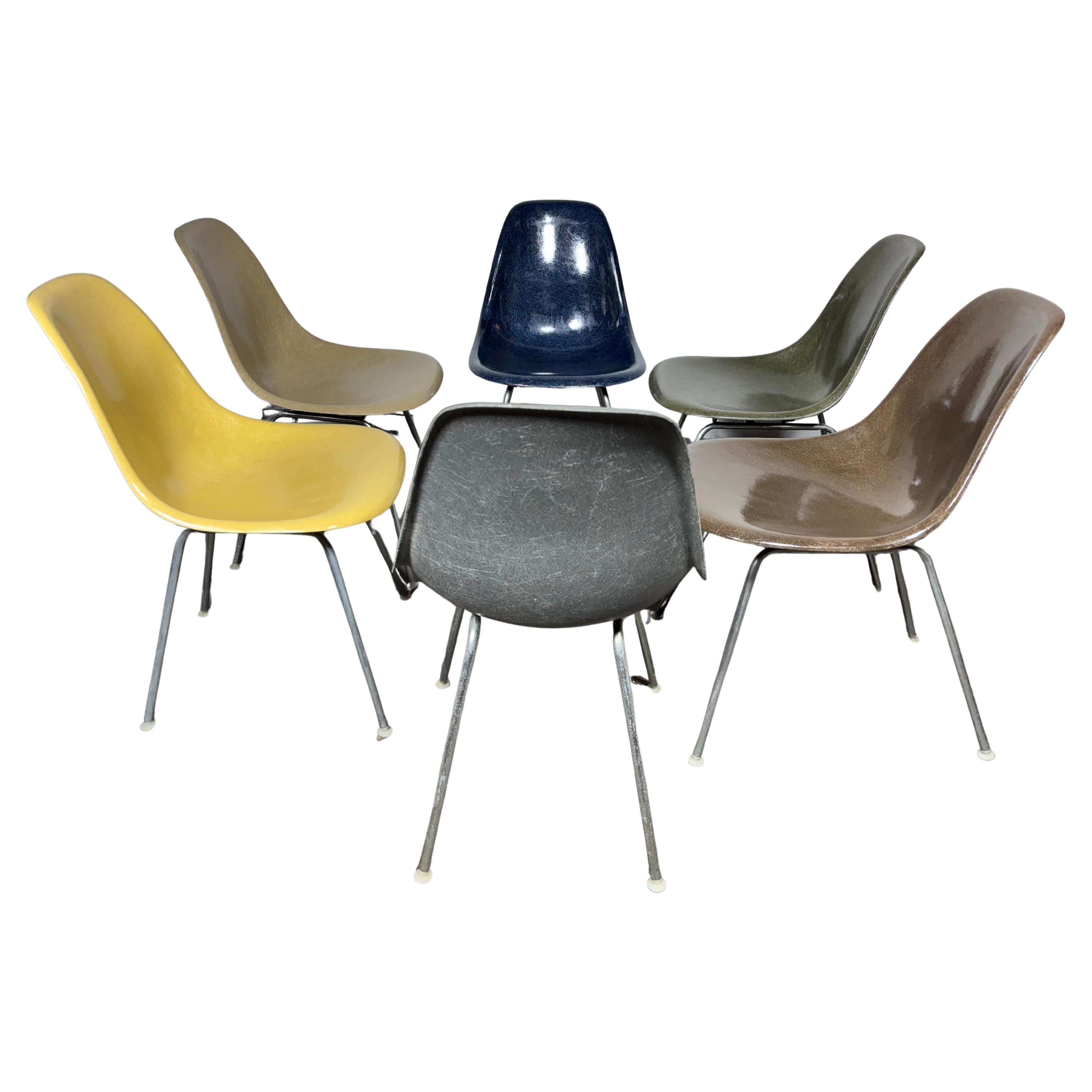 Ikonische Stühle (Seitenschalen), entworfen von Charles & Ray Eames für Herman Miller. Geformte Glasfaserschalen in den Farben: Elefantenhaut Grau, Marineblau, Zitronengelb. Greige, selten Ocker & Braun ....auf Vintage-Aluminium-H-Sockeln montiert.