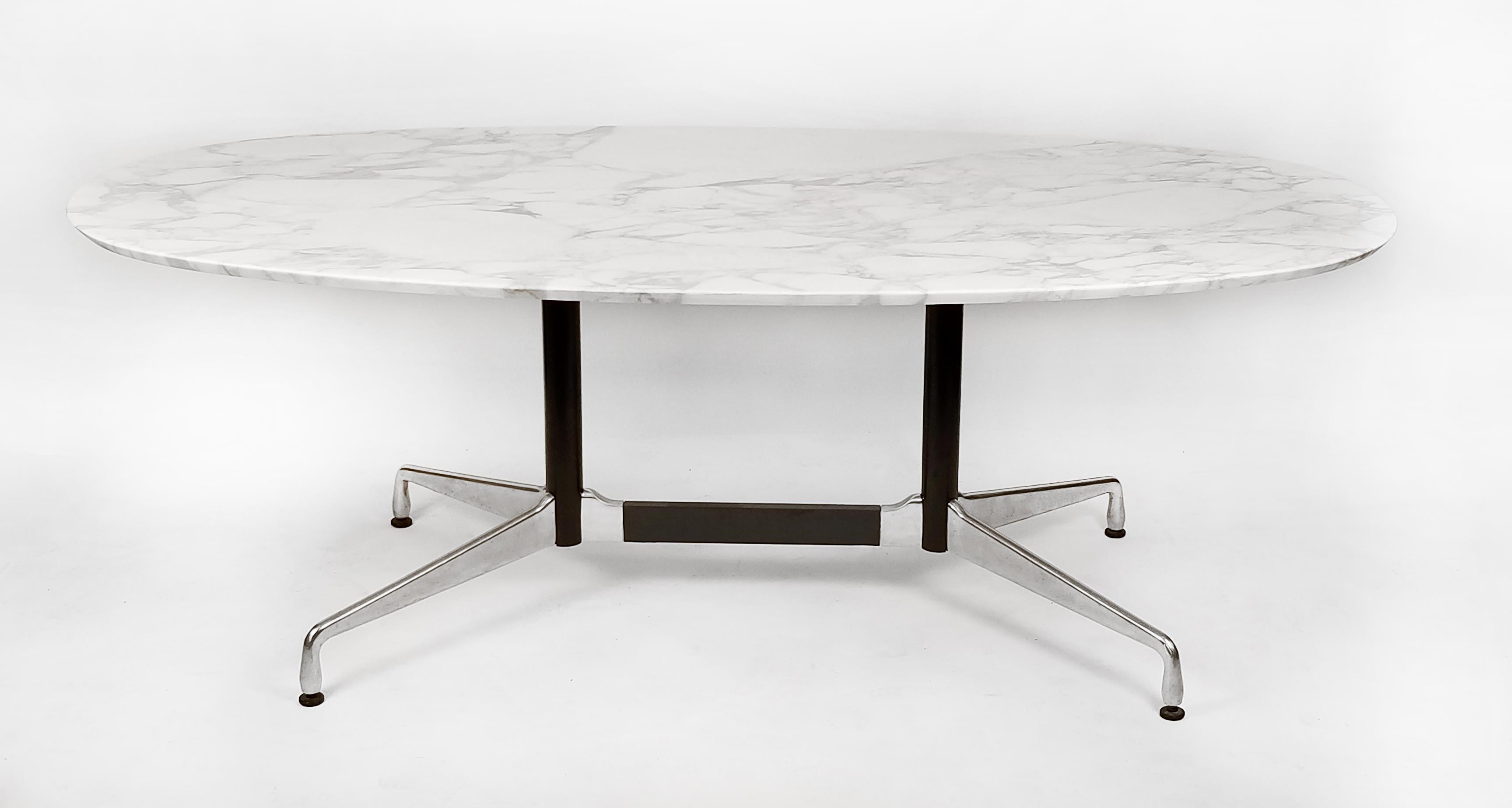 1960s Charles Eames for Herman Miller Aluminum Group table desk with Beveled Calacatta marble top. No chips. Beautiful veining. Designed by the grand master of modernism, this table does not disappoint.