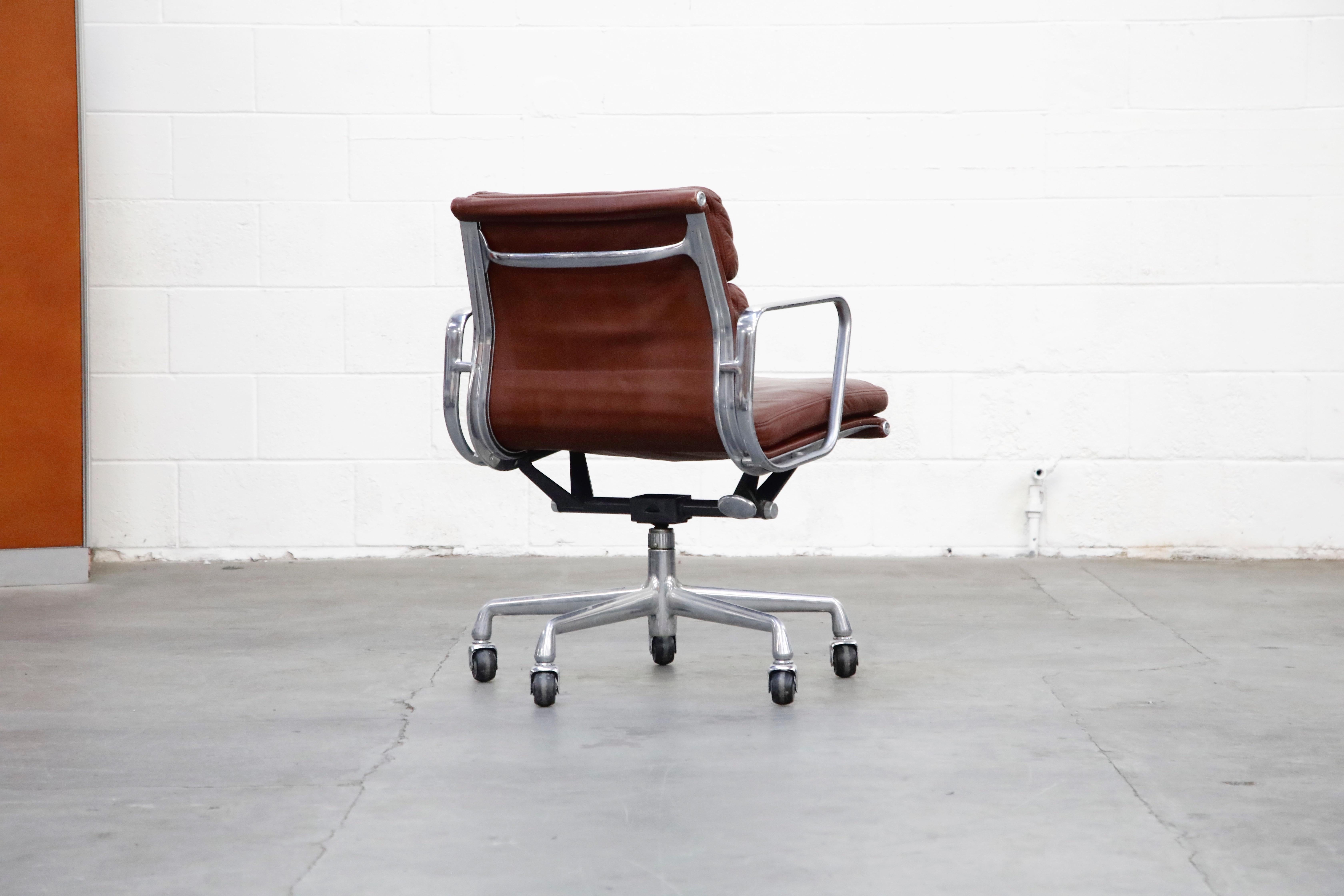 Mid-Century Modern Charles Eames for Herman Miller Brown Leather Soft Pad Management Chair, Signed