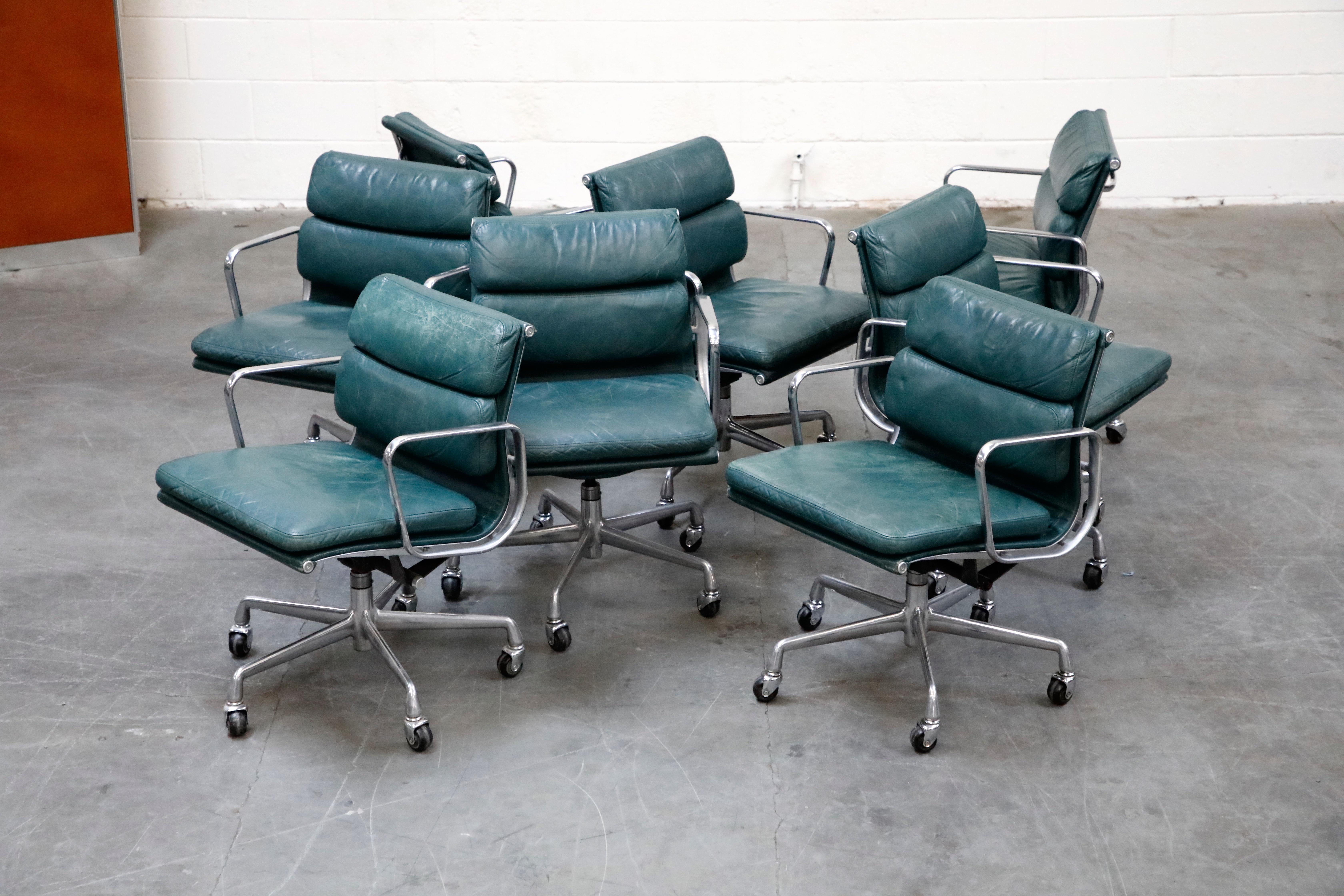 Mid-Century Modern Charles Eames for Herman Miller Green Leather Soft Pad Management Chair, Signed