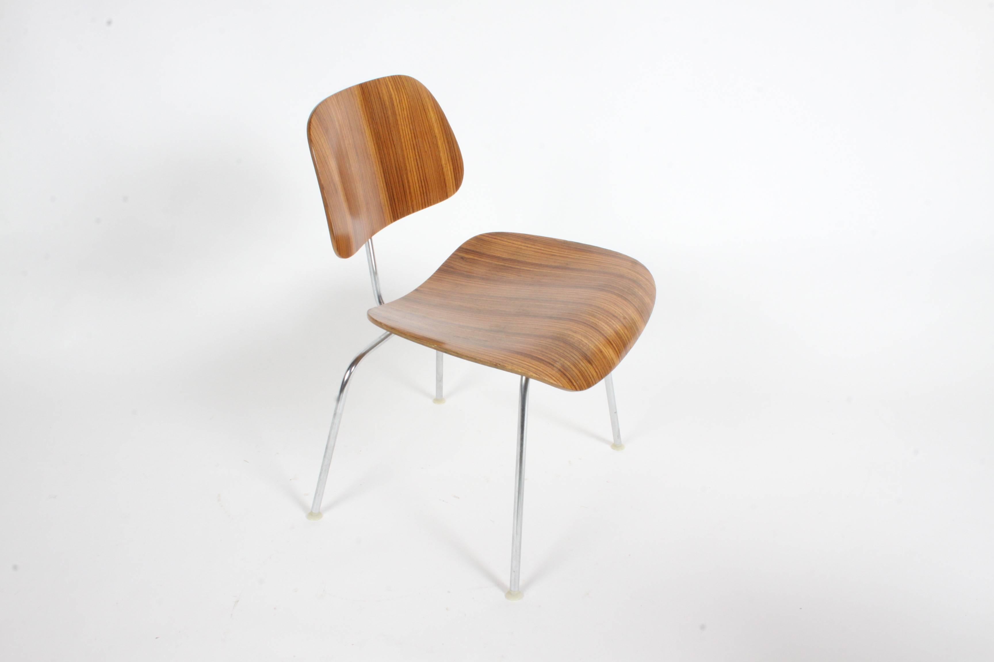 Mid-Century Modern Charles Eames for Herman Miller Zebrawood DCM Chairs, Rare For Sale