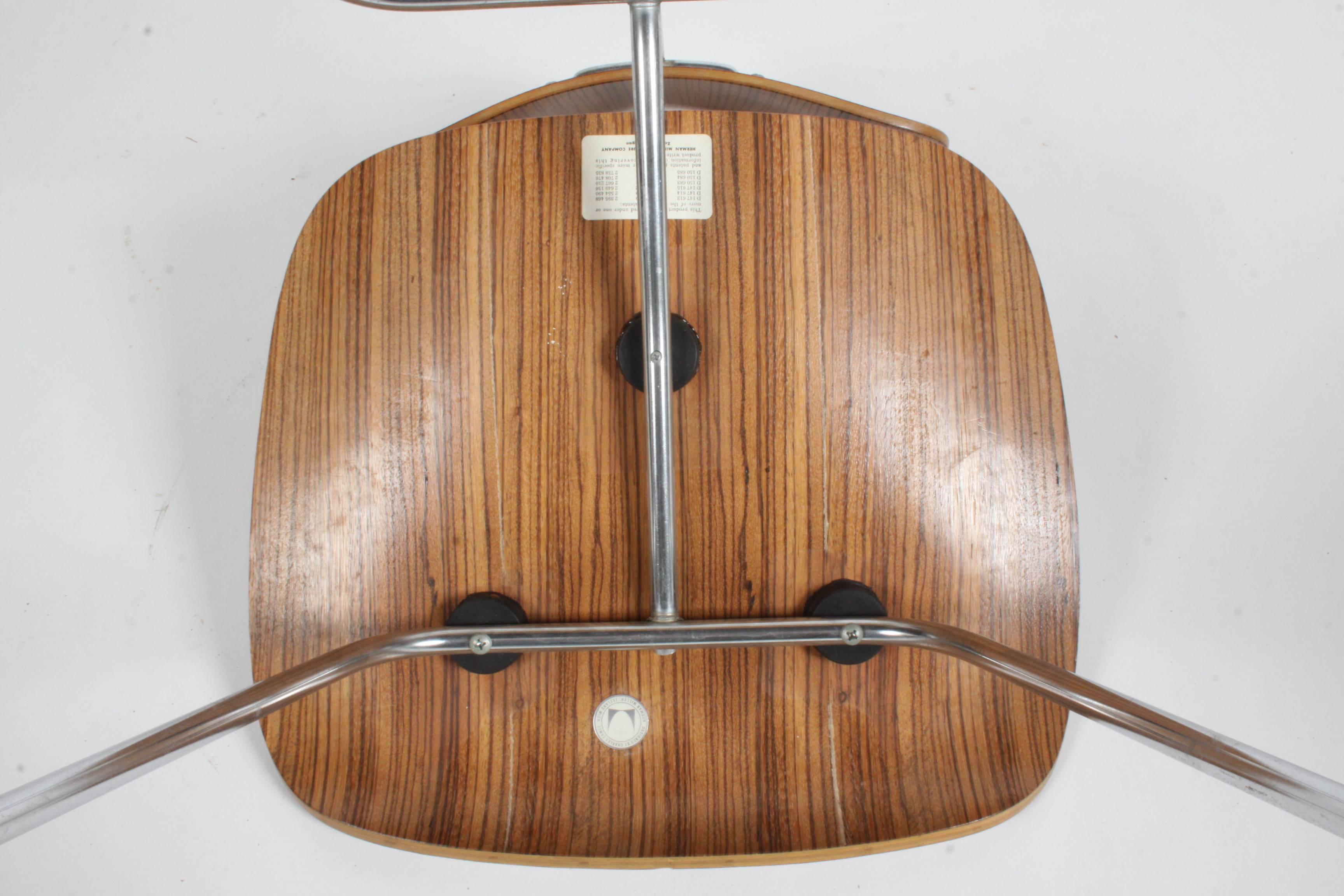 Chrome Charles Eames for Herman Miller Zebrawood DCM Chairs, Rare For Sale
