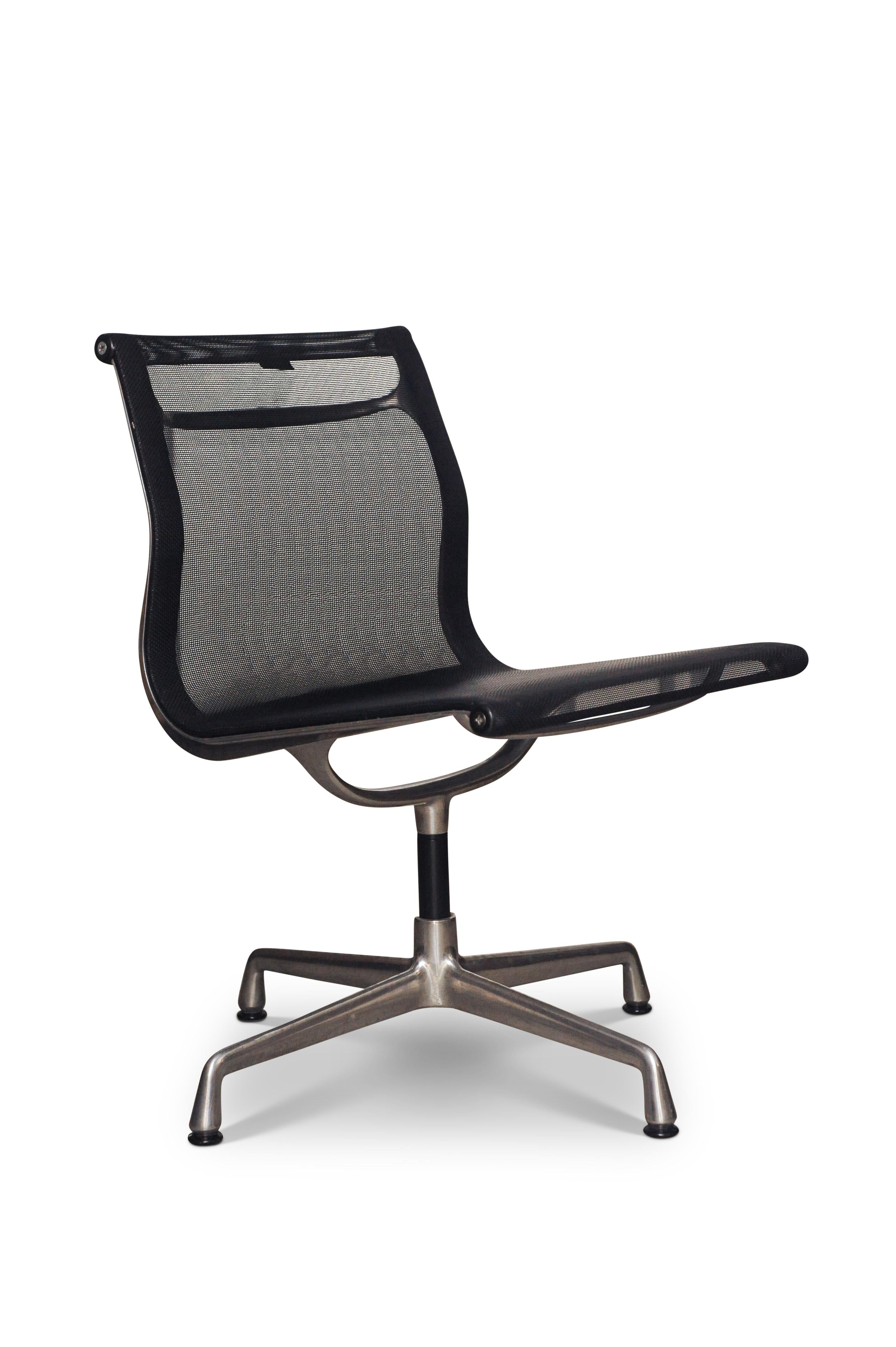 Charles Eames for Vitra an aluminium framed EA107 black net weave office swivel chair on a 4 prong base originally designed in 1958.