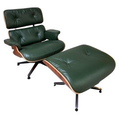 Charles Eames Lounge Chair and Ottoman in Green Leather and Rosewood, 2011