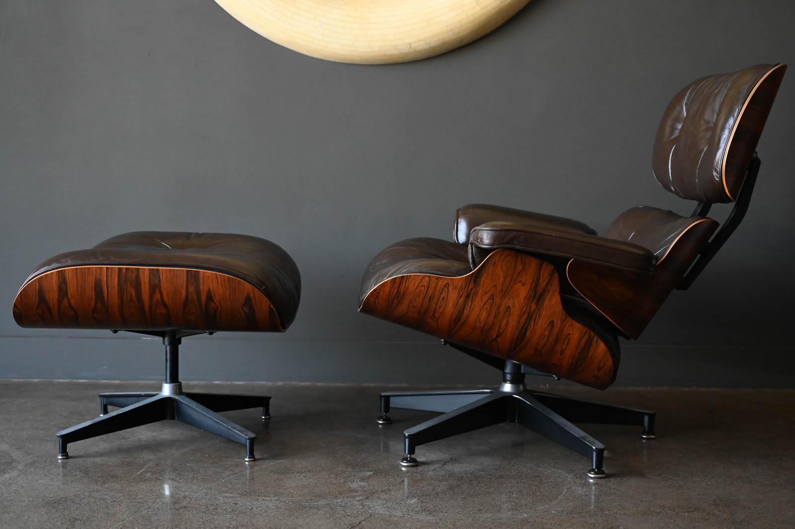 Charles Eames Lounge Chair and Ottoman in Rosewood and Chocolate Brown Leather, circa. 1975. Third generation (1971-1991) in excellent original condition. Cushions have just the right amount of wear with wonderful patina and soft hand. The rosewood