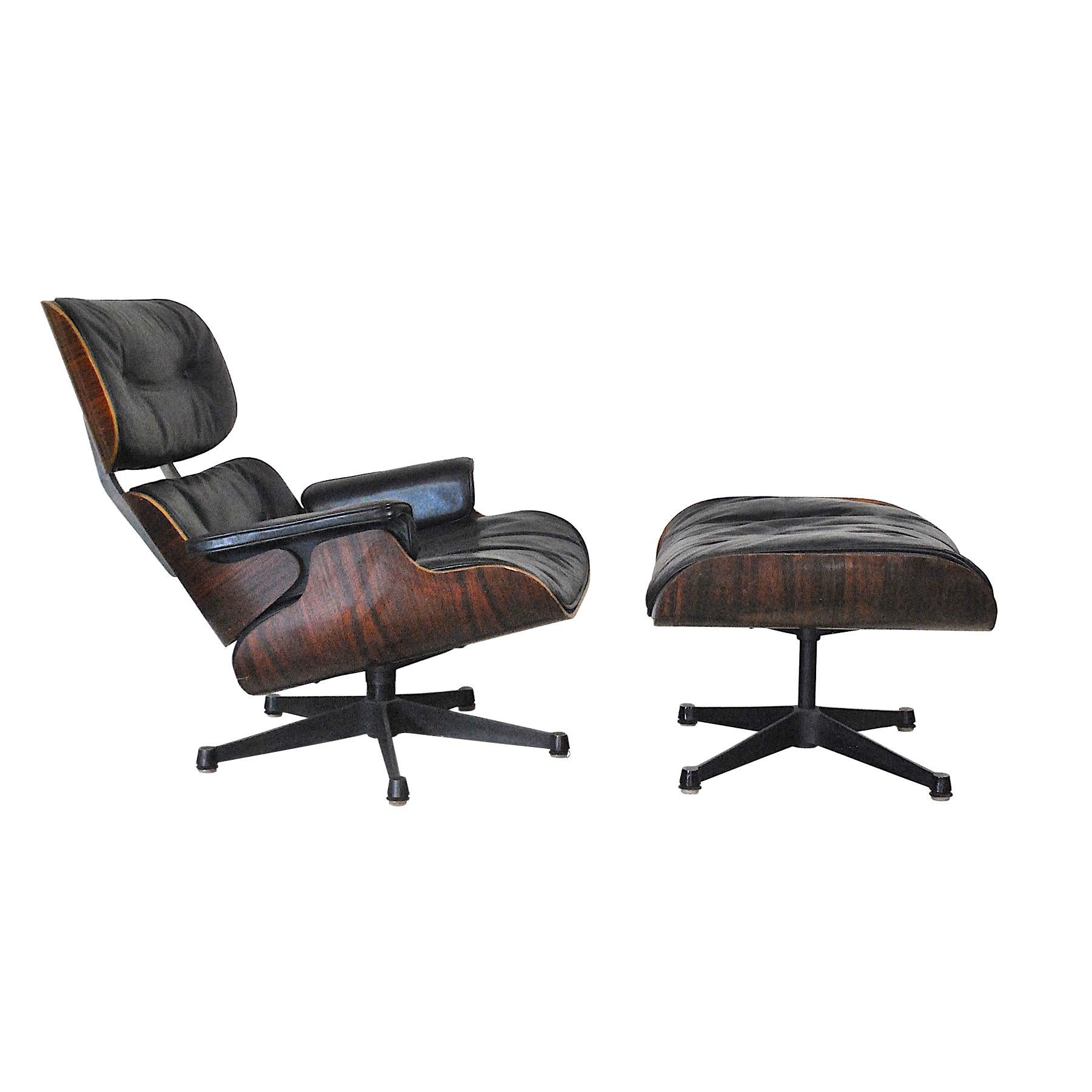 An icon of midcentury. The lounge chair with Pouf, also known as Eames Lounge 670 and Ottoman 671, were both made by the ingenious couple of designers Charles and Ray Eames for the American company Herman Miller.