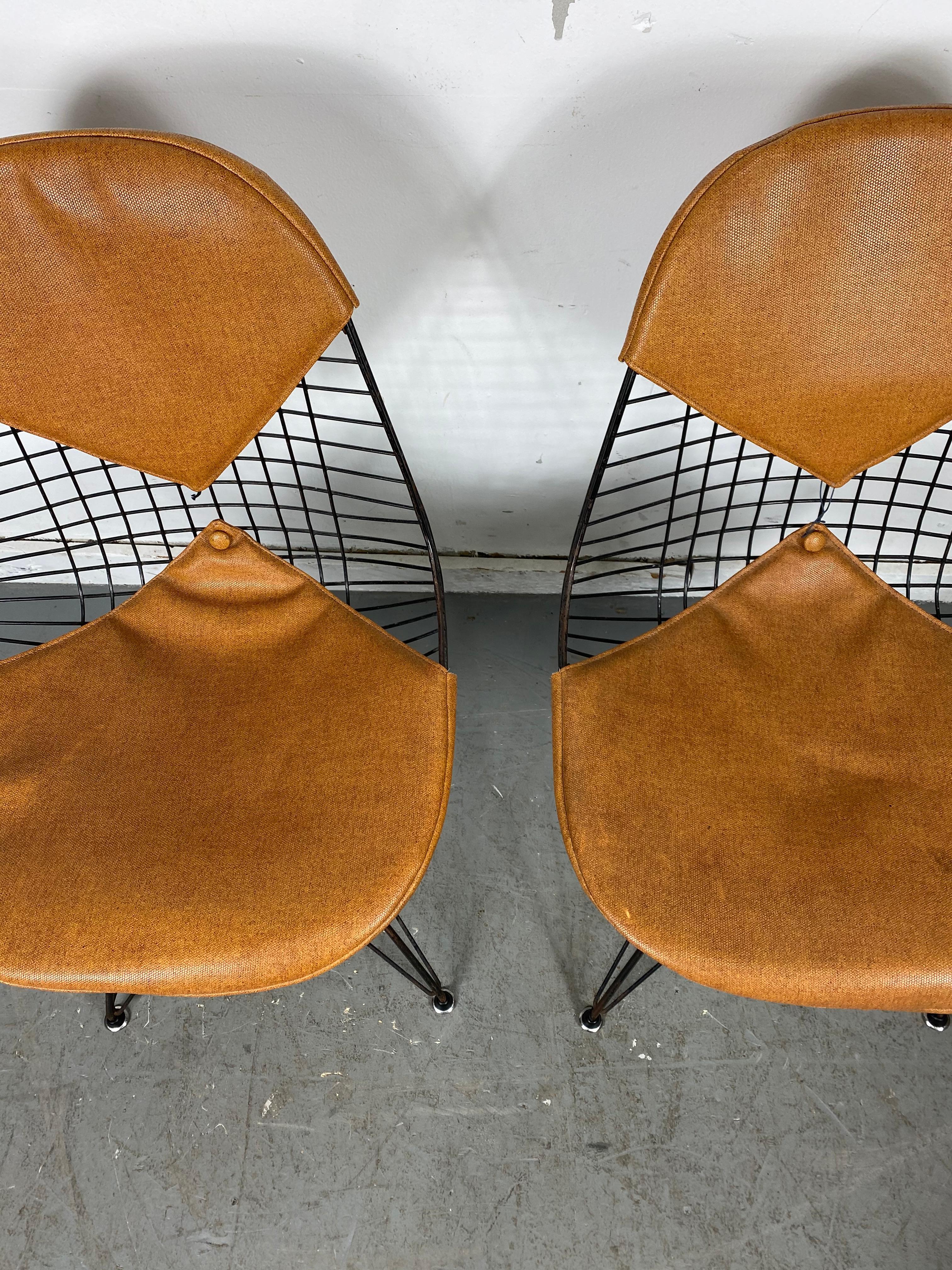 Paire classique de chaises Eames en fil de fer sur une base Eiffel noire avec les couvertures de bikini pour Herman Miller, couvertures de bikini en Naugahyde manquant les connecteurs élastiques, belle paire ancienne.