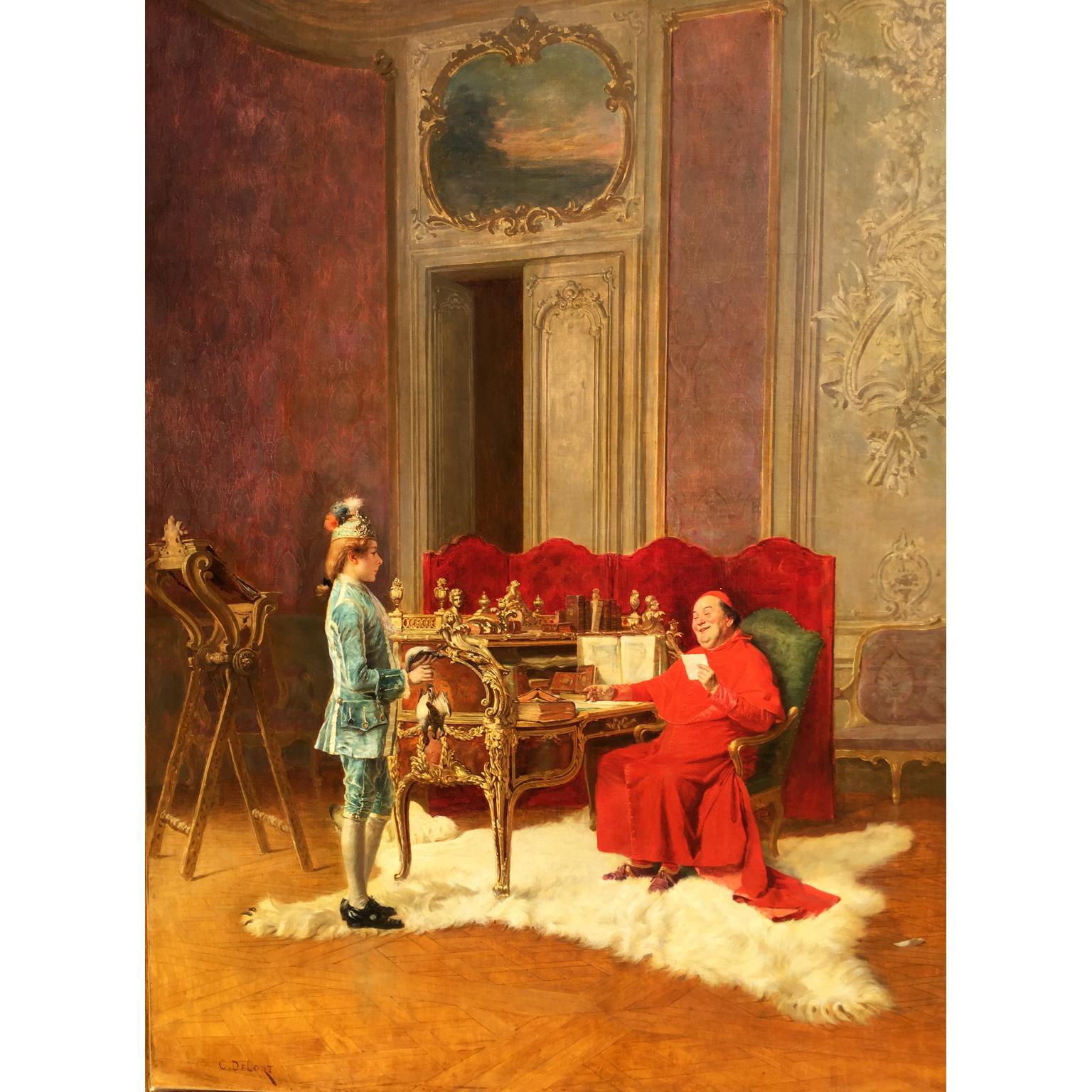 Un pregiato olio su tela con scena di interno di palazzo intitolato 