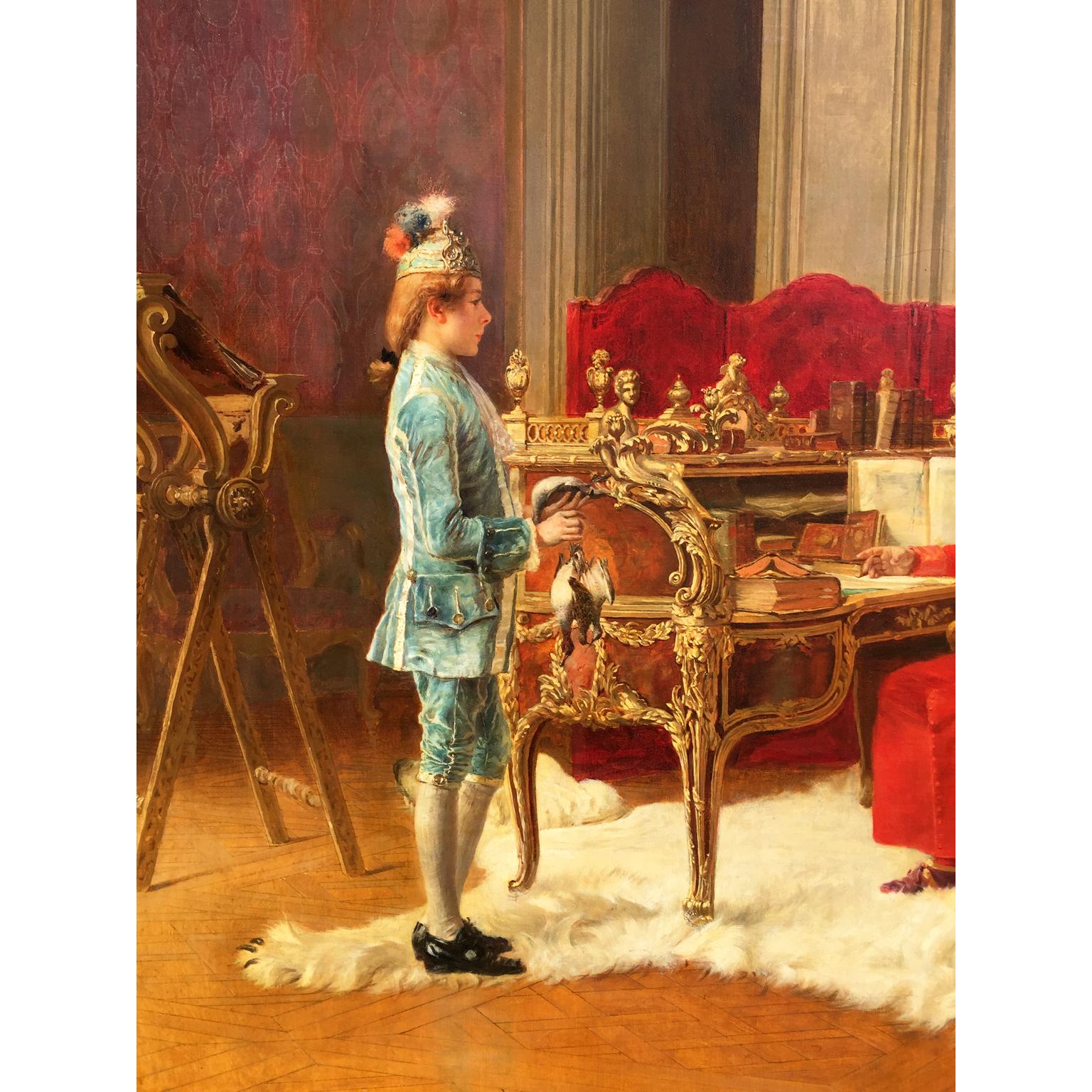 Un pregiato olio su tela con scena di interno di palazzo intitolato 