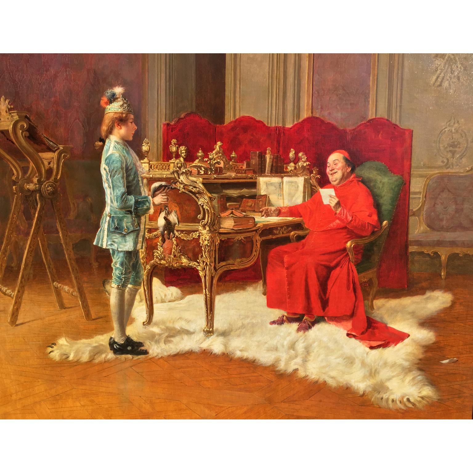 Un pregiato olio su tela con scena di interno di palazzo intitolato 