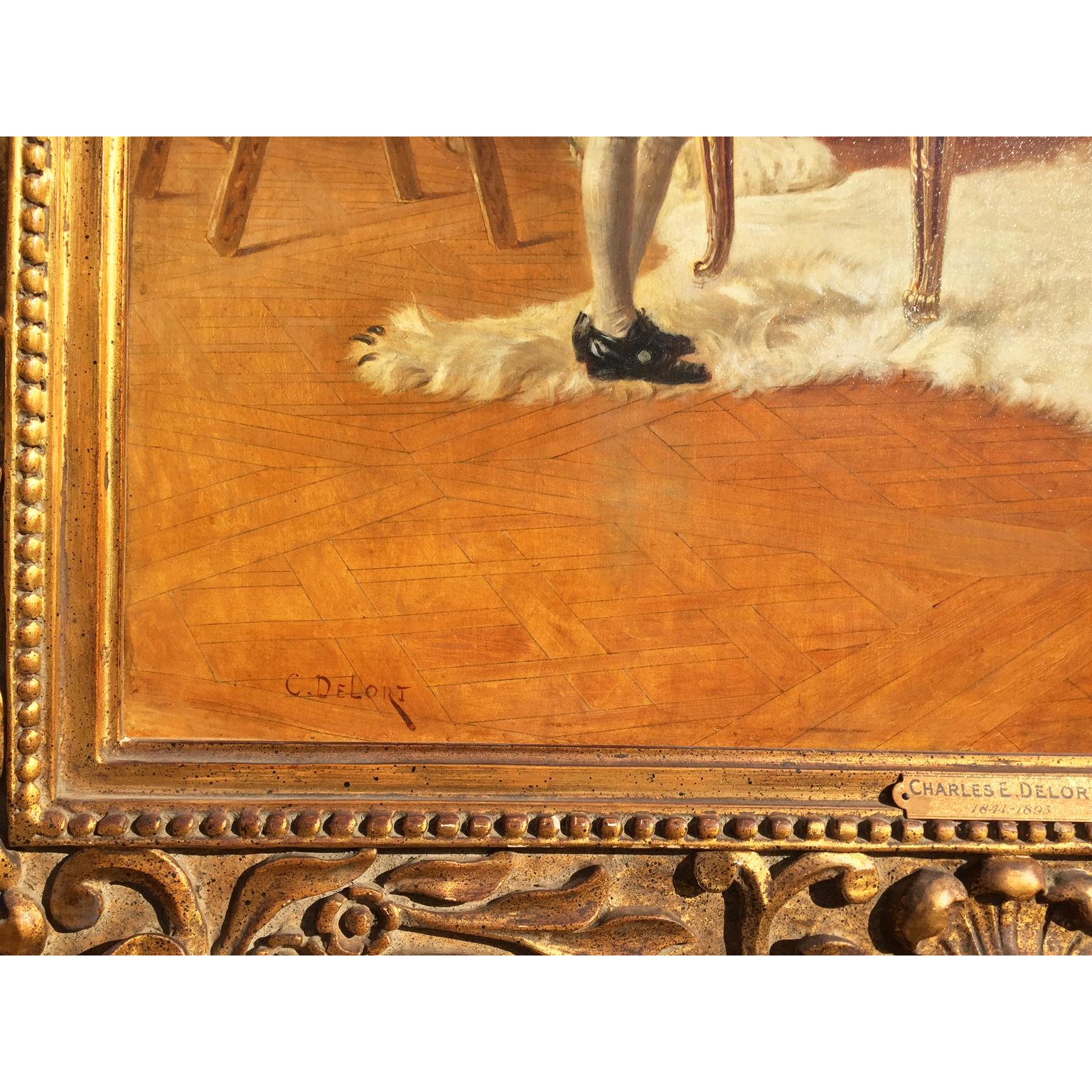 Un pregiato olio su tela con scena di interno di palazzo intitolato 
