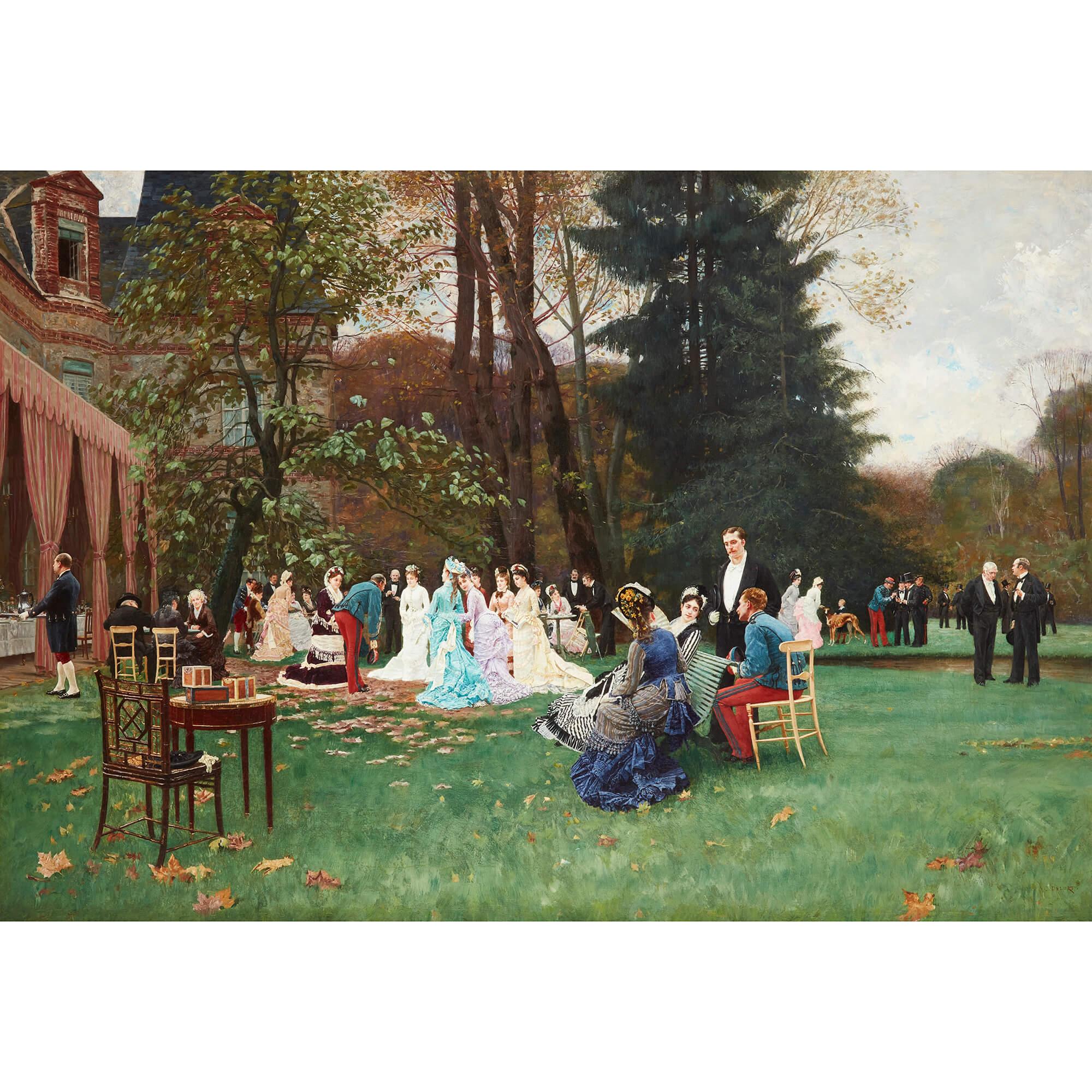 Large oil painting by C. Delort entitled ‘The Wedding, Fontainebleau’
French, Late 19th Century 
Canvas: Height 90cm, width 130cm 
Frame: Height 109cm, width 148cm, depth 7cm

This stunning large-scale oil painting is entitled ‘Les Noces,