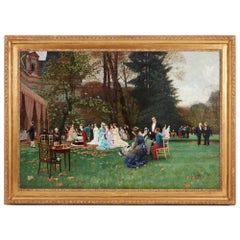 Antique Large Oil Painting by C. Delort Entitled ‘The Wedding, Fontainebleau’