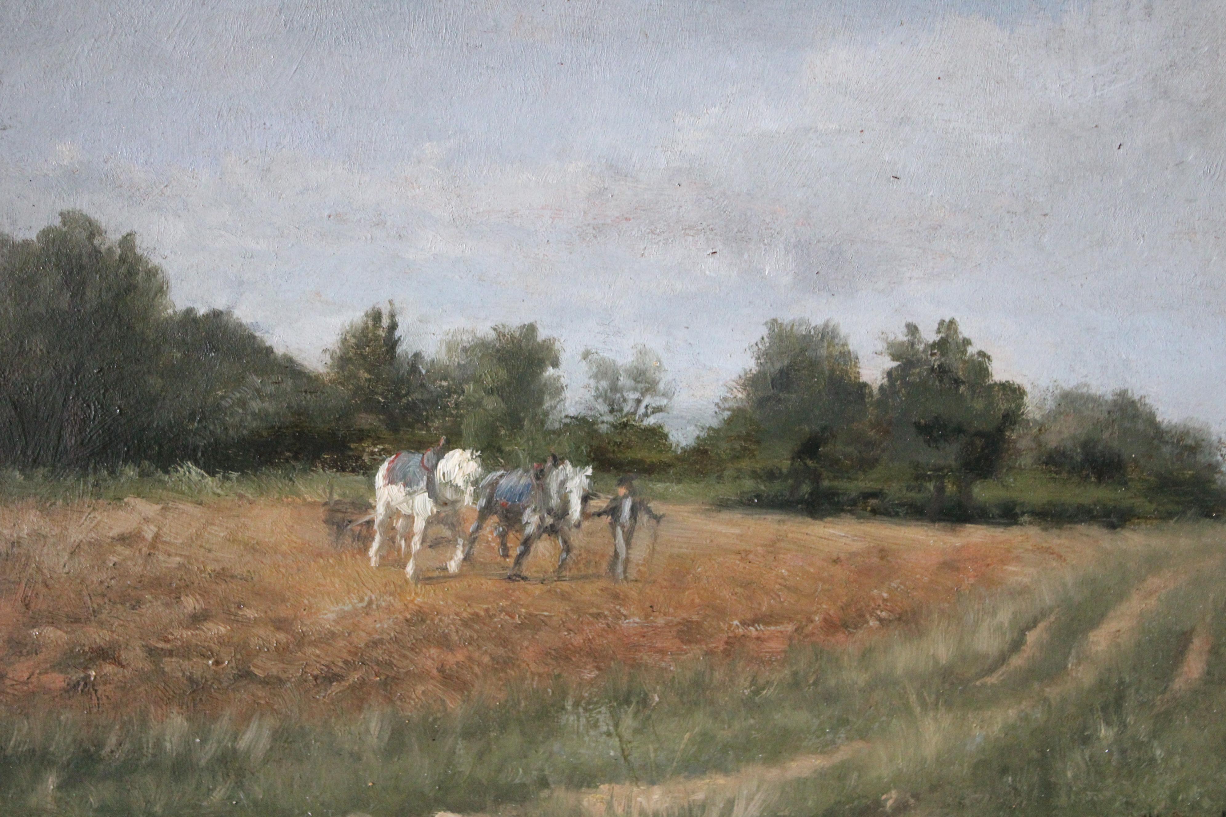 Antique landscape oil painting of horses ploughing a field, horses in landscape - Impressionist Painting by Charles Edouard Frère