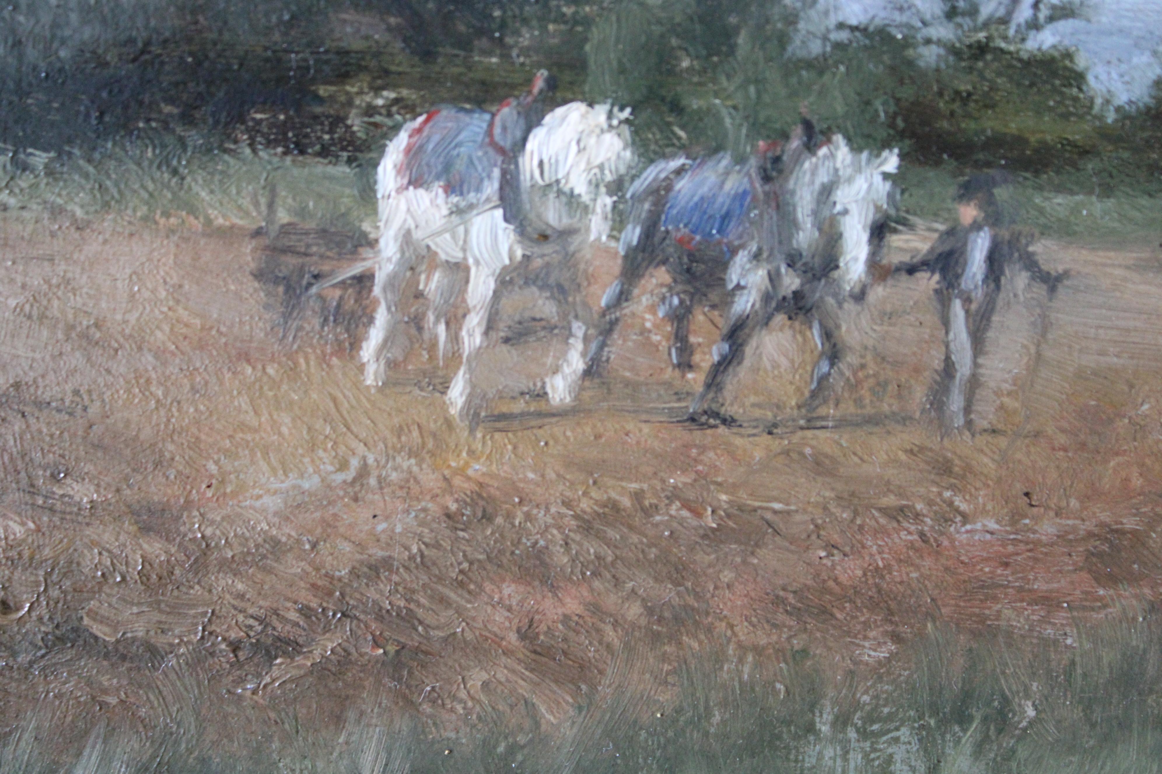 Antique landscape oil painting of horses ploughing a field, horses in landscape For Sale 1