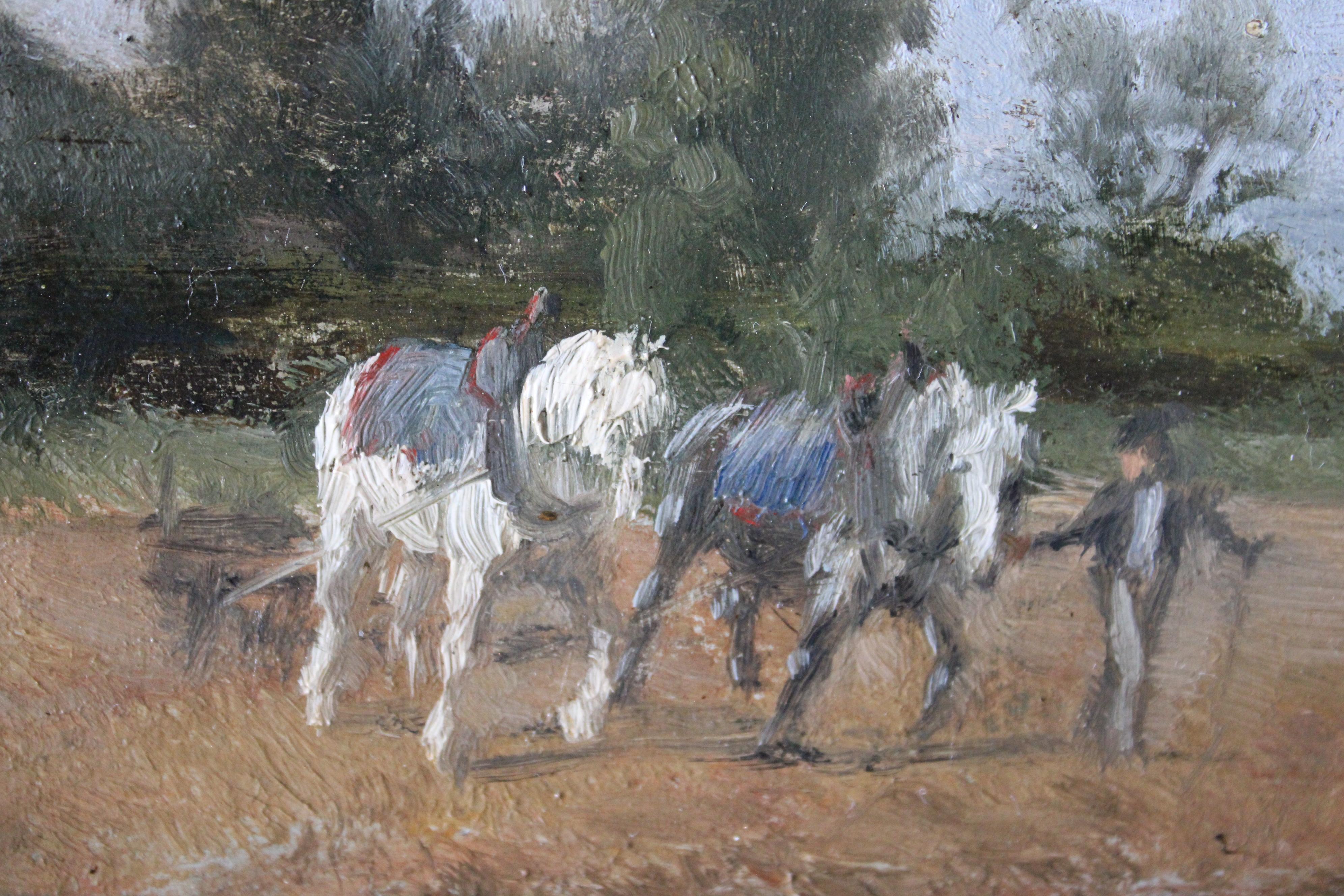 Antique landscape oil painting of horses ploughing a field, horses in landscape For Sale 2