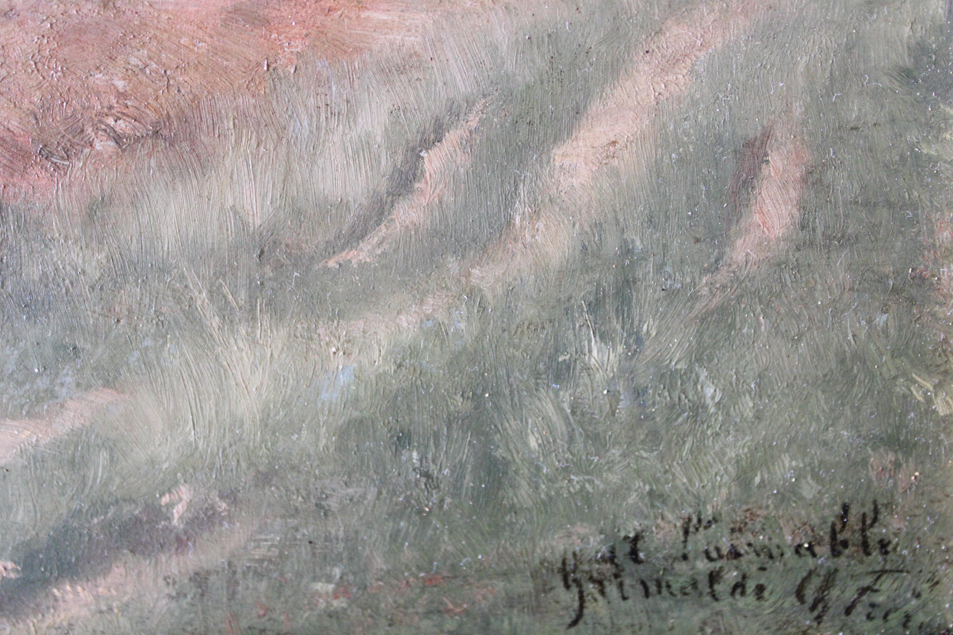 Antique landscape oil painting of horses ploughing a field, horses in landscape 3